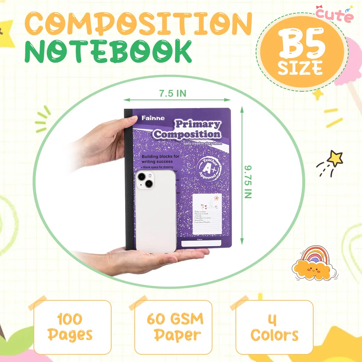 Fainne 50 paquetes de cuadernos de composición primaria, diario primario a granel, grado K-2, 9 3/4 x 7 1/2 pulgadas, libro de composiciones a rayas para niños para dibujar y escribir suministros