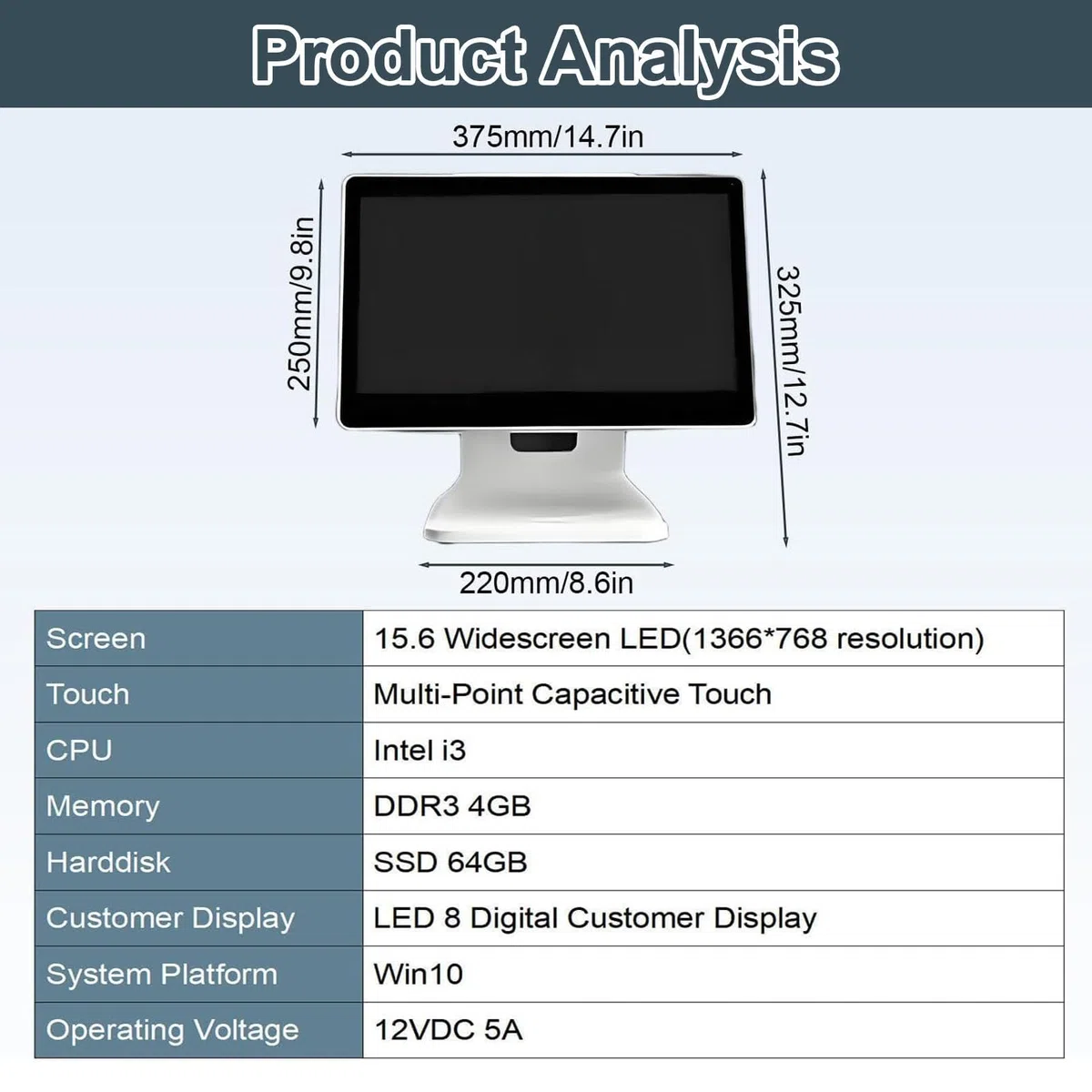 Caja registradora Inteligente Todo en uno con Pantalla táctil | Sistema POS i3 (caja registradora), Windows 10, pantalla de 15,6" (personalizable), 4 GB de RAM, SSD de 64 GB