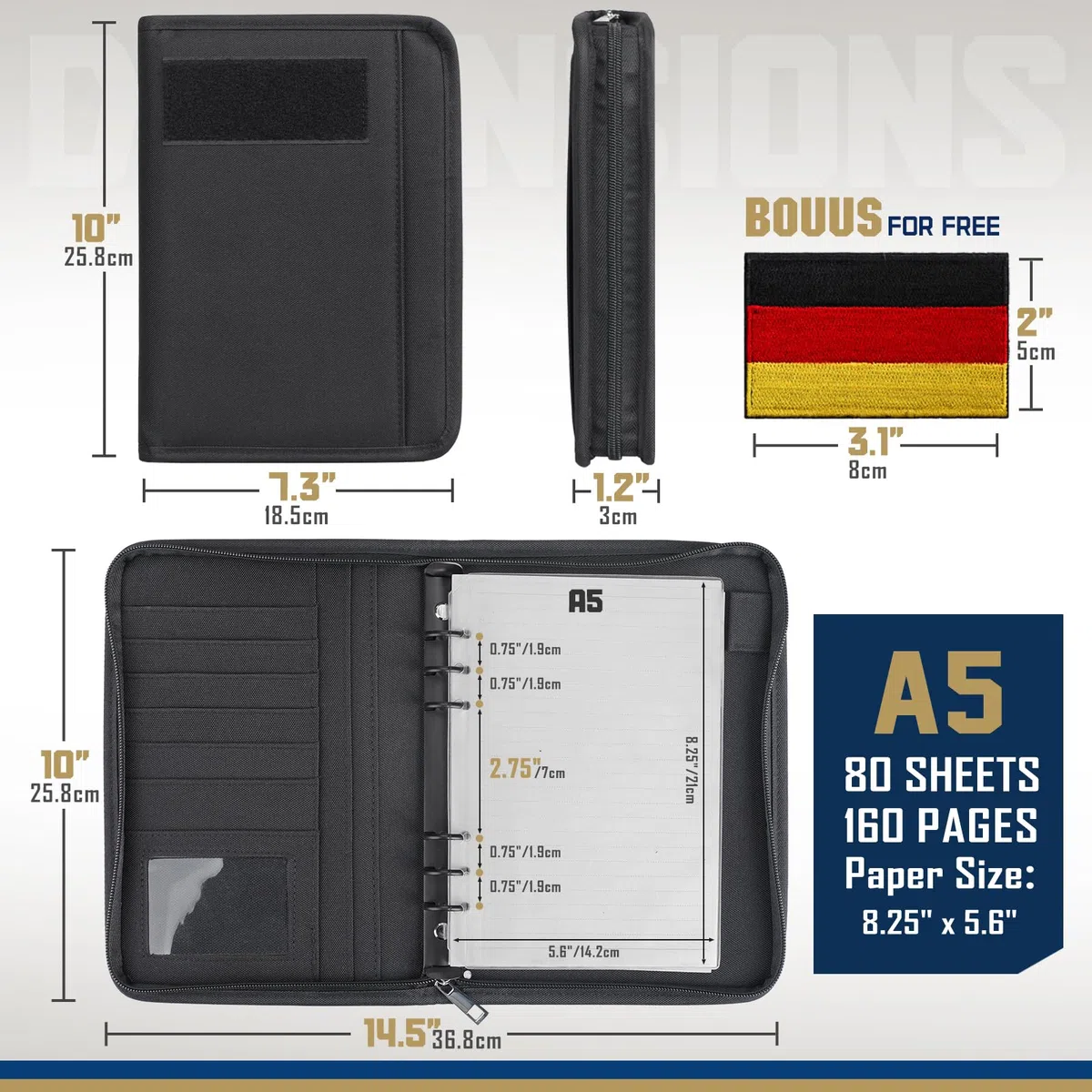 WYNEX Cuaderno TáCtico Padfolio Con 80 Hojas, Cuaderno Militar Militar, Carpeta TáCtica Con Cremallera Para Equipo TáCtico Y Organizador, Recargable, A5, 6 Anillas