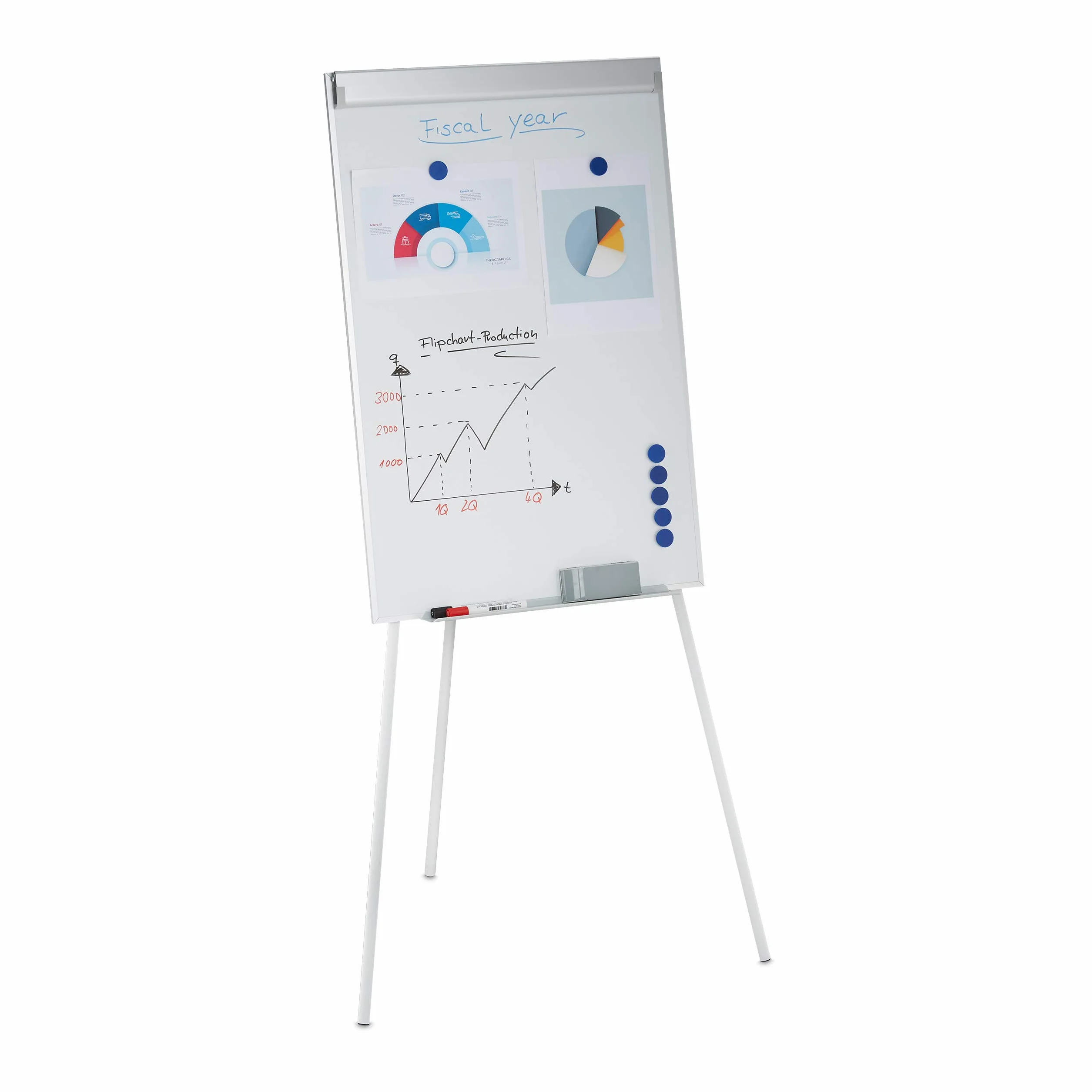 Relaxdays Rotafolios con Pizarra Blanca Magnética, Altura Regulable, Trípode, Estante para Rotulador, 90 x 60 cm, Blanco