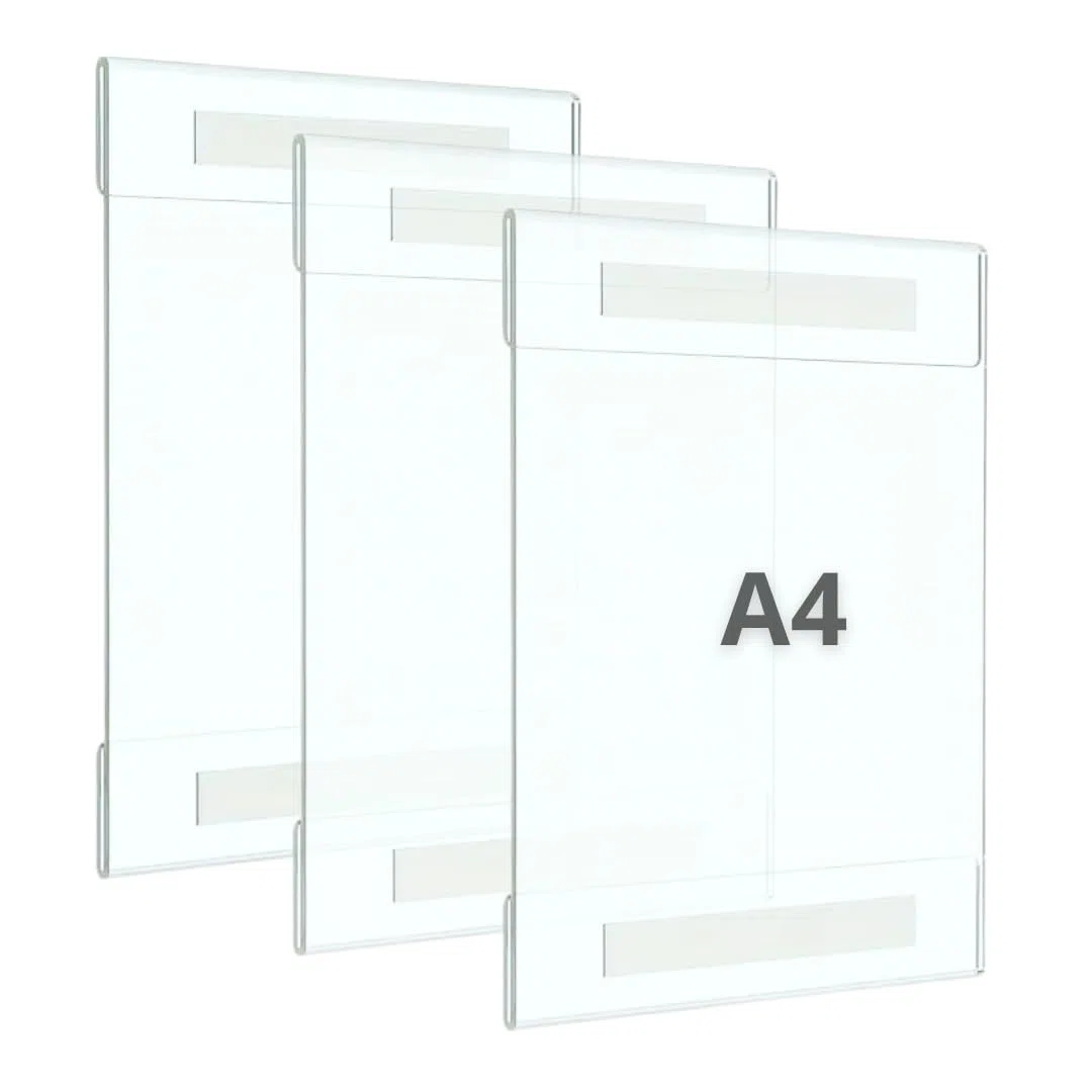 Expositor metacrilato A4 de pared, pack 3 unidades, soporte acrílico para carteles A4 con cinta doble cara, porta documentos, marco de acrílico, portafolios transparente.