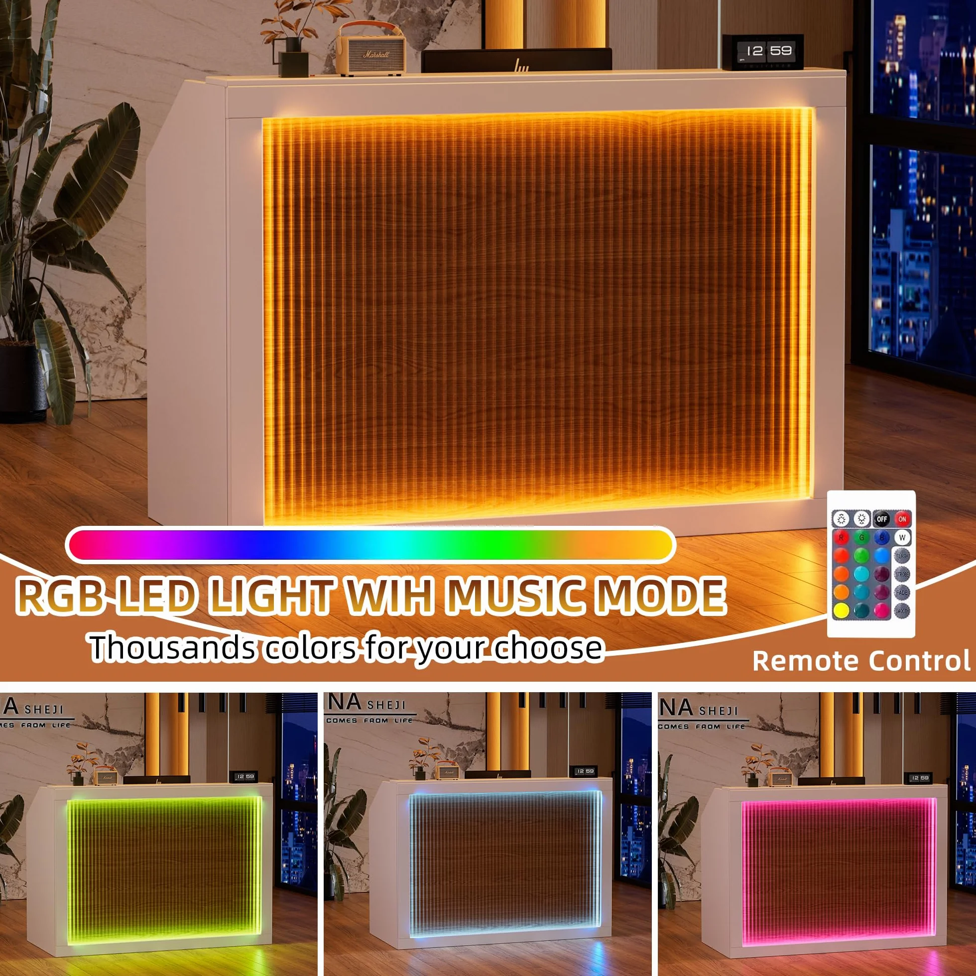 MSFE Mostrador Recepcion con LED,Mostrador de Recepción Grandes con Cajón Armario y Tomas de Corriente,Mostrador de Venta para Caja,Vestíbulo,Salón de Belleza,Oficina,Mueble de Recepción,140*60*110CM