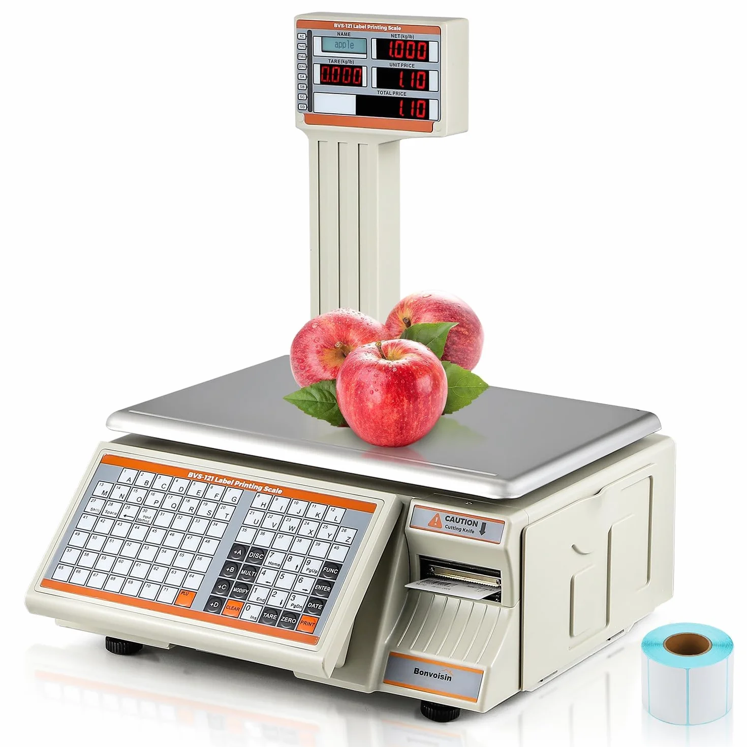 Bonvoisin Báscula con Impresora de Etiquetas y Código de Barras, 30kg, Pantalla Doble, 71 Teclas Directas, 4000 PLU, RS232/Ethernet