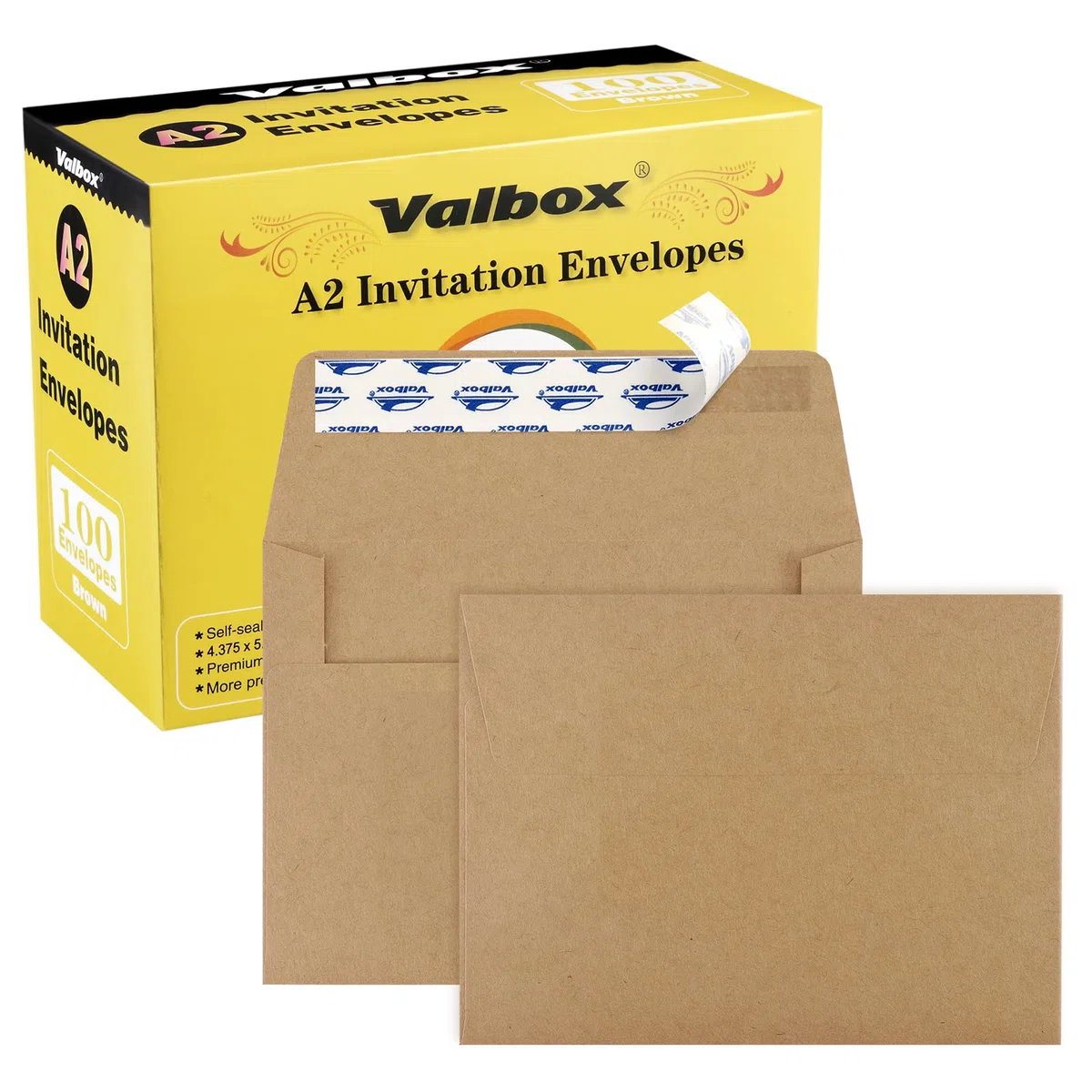 ValBox Sobres de invitación A2, 100 unidades, sobres de papel kraft marrón de 4.3 x 5.75 pulgadas, autosellados para invitaciones, fotos, bodas, anuncios, notas de agradecimiento, RSVP, tarjetas de