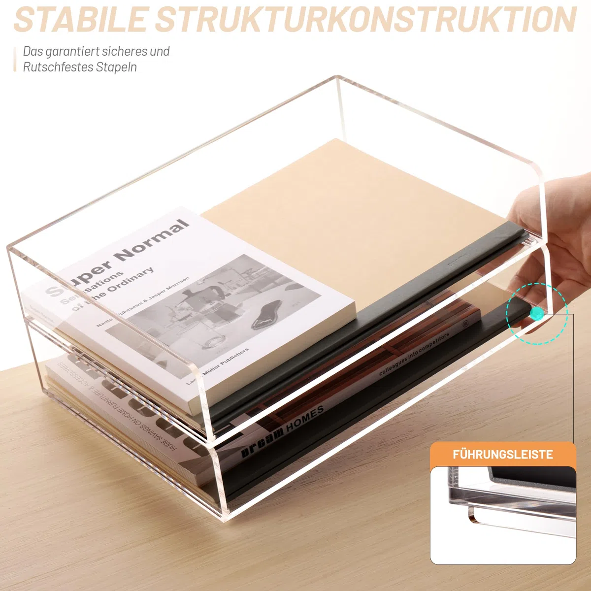 SANRUI 2 bandejas para cartas A4, transparentes, apilables, de acrílico, organizador de escritorio estable para oficina y oficina en casa, moderna bandeja de papel