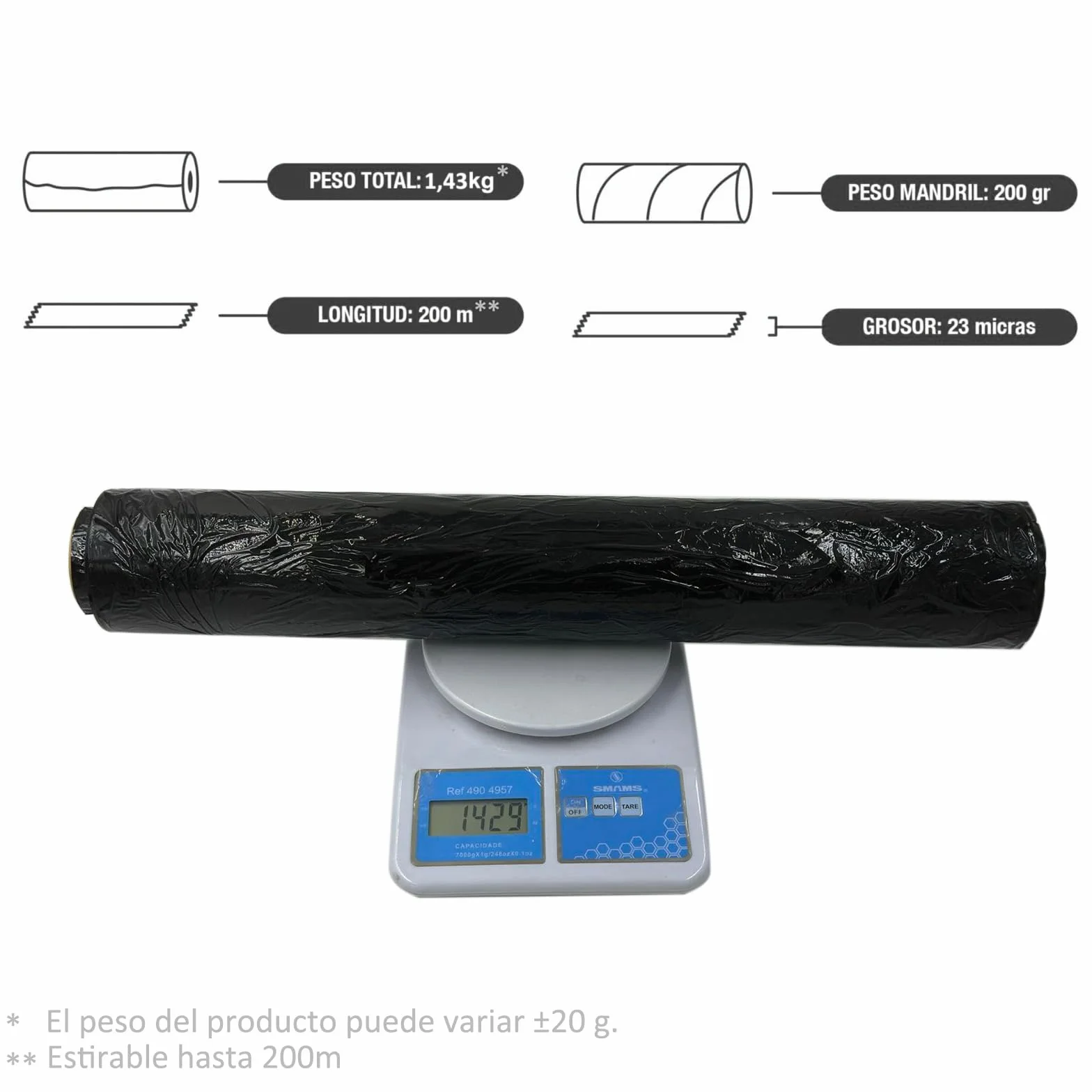 HIBRON Film Estirable Negro, 50 cm de Anchura, 23 Micras de Espesor, Estirable hasta 200m Largo, Autoadherente, Alta Flexibilidad, Muy Resistente. (2 Rollos)
