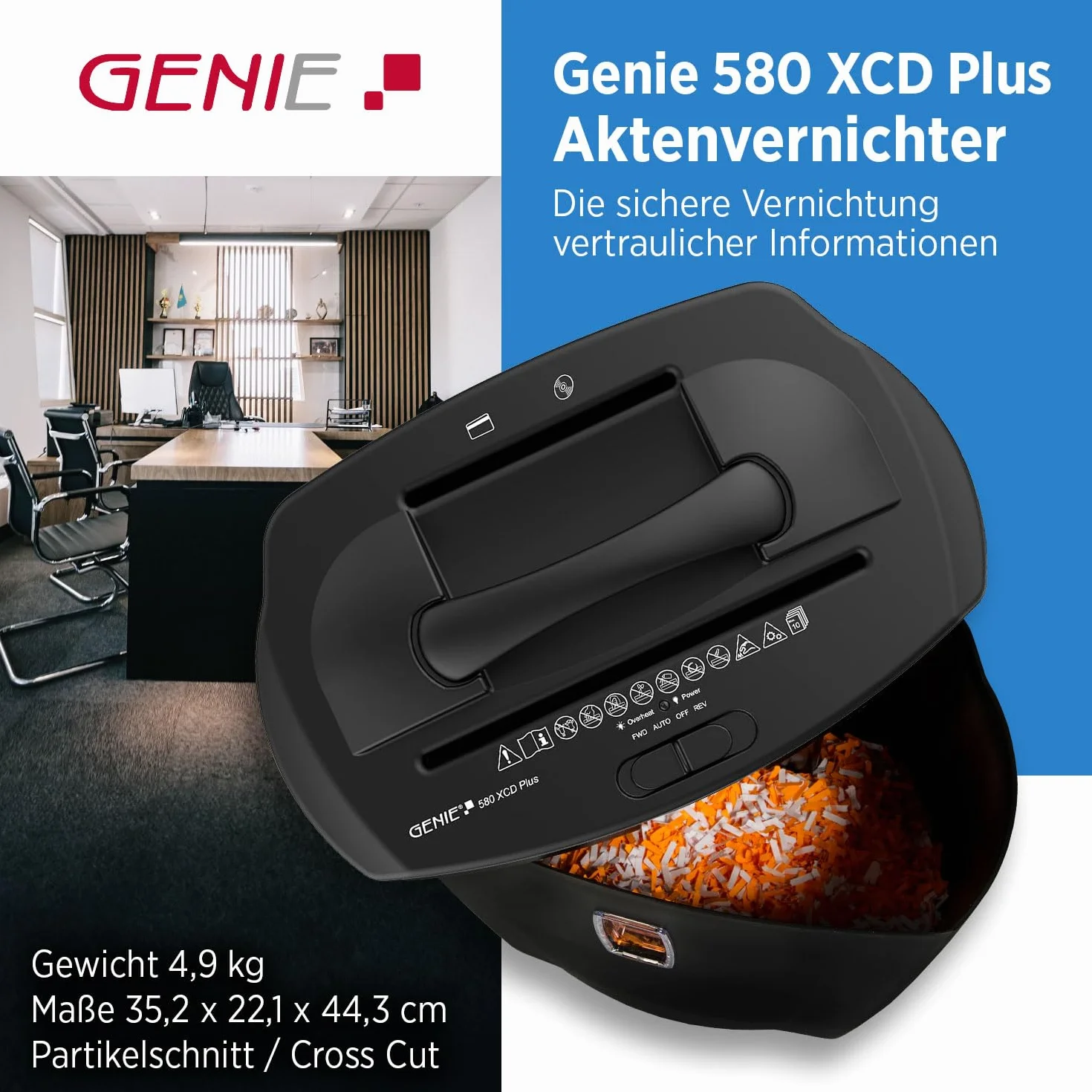 Genie 580 XCD Plus - Destructora de Documentos, Corte Transversal, Capacidad para 10 Hojas, Destrucción de CD, Contenedor de Residuos de 21 litros, Nivel de Seguridad P4, Negro