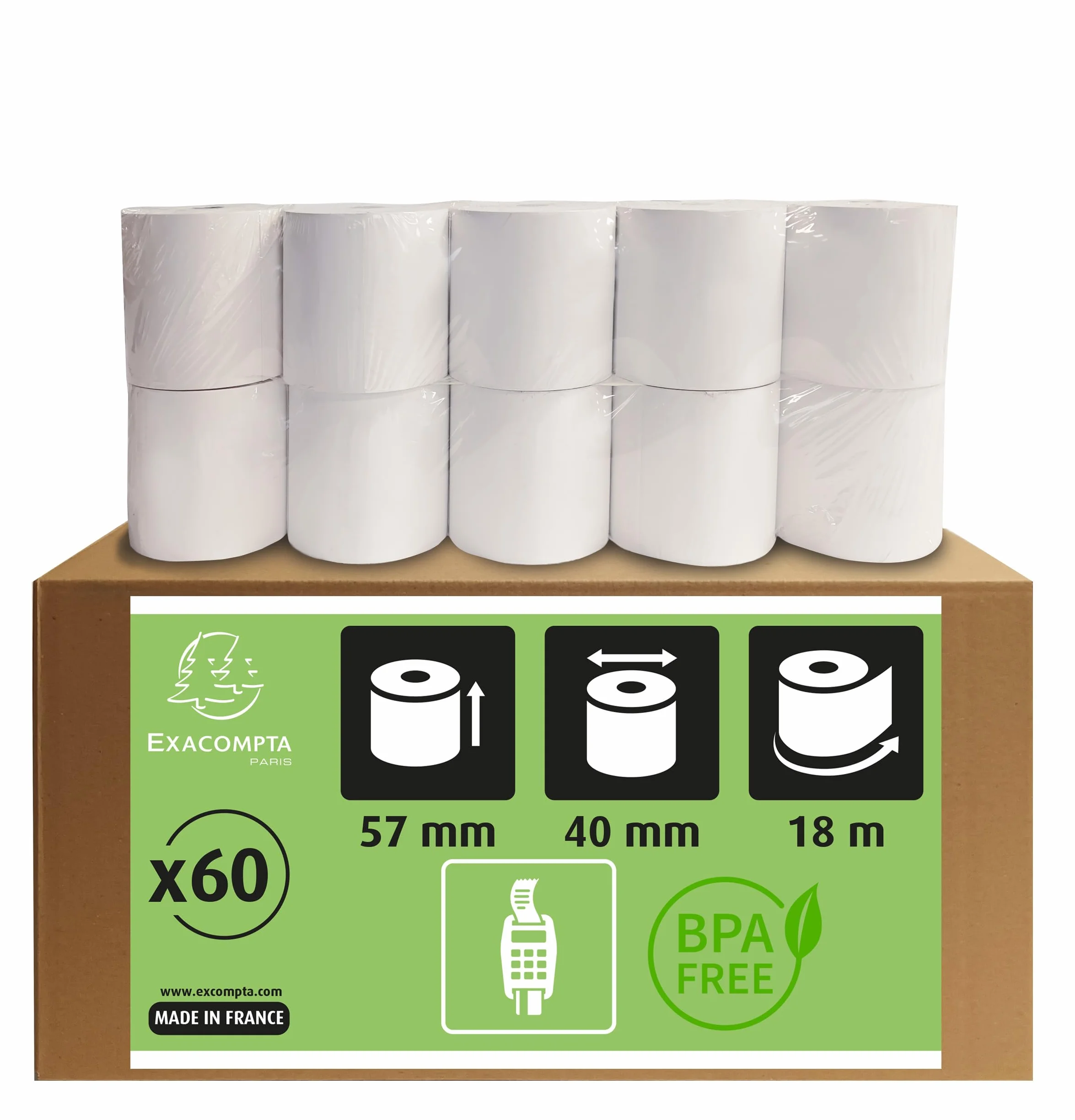 Exacompta 40753E - Lote de 60 rollos de papel térmico (1 capa, ancho: 57 mm, longitud: 18 m, diámetro del núcleo: 12 mm, 55 g/m², parte trasera impresa, para dispositivos de pago con tarjeta (EC Cash) | Cartón de 60 bobinas, portabrocas de 12 mm, 1 pliegu