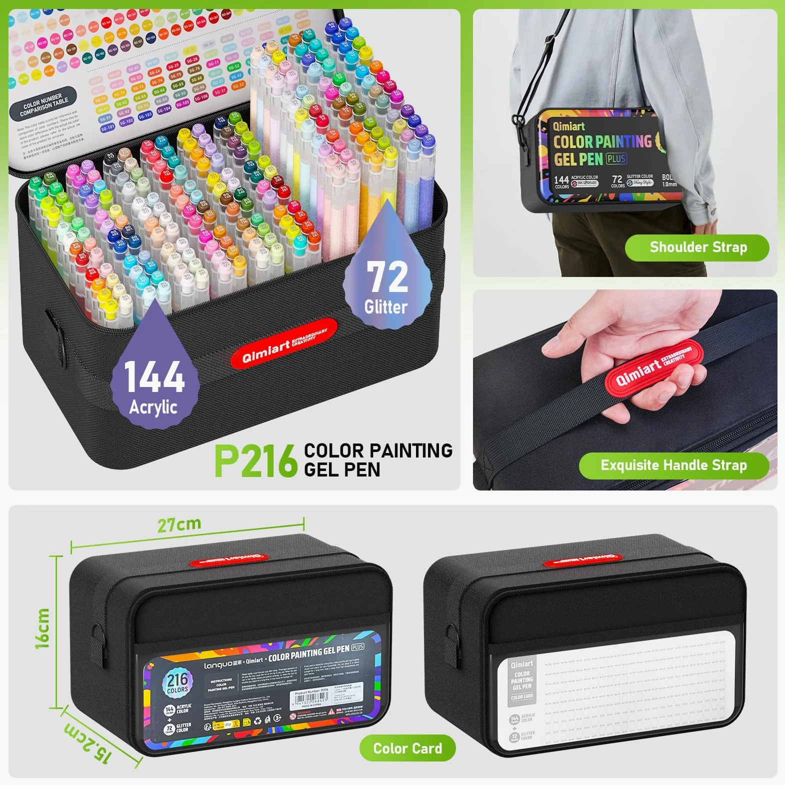 TrendGate 216 bolígrafos Acrílicos de Gel, 144 Acrilicos + 72 Purpurina | Punta de 1 mm, Se utiliza para dibujar y escribir sobre diversas superficies como lienzo, tela y papel