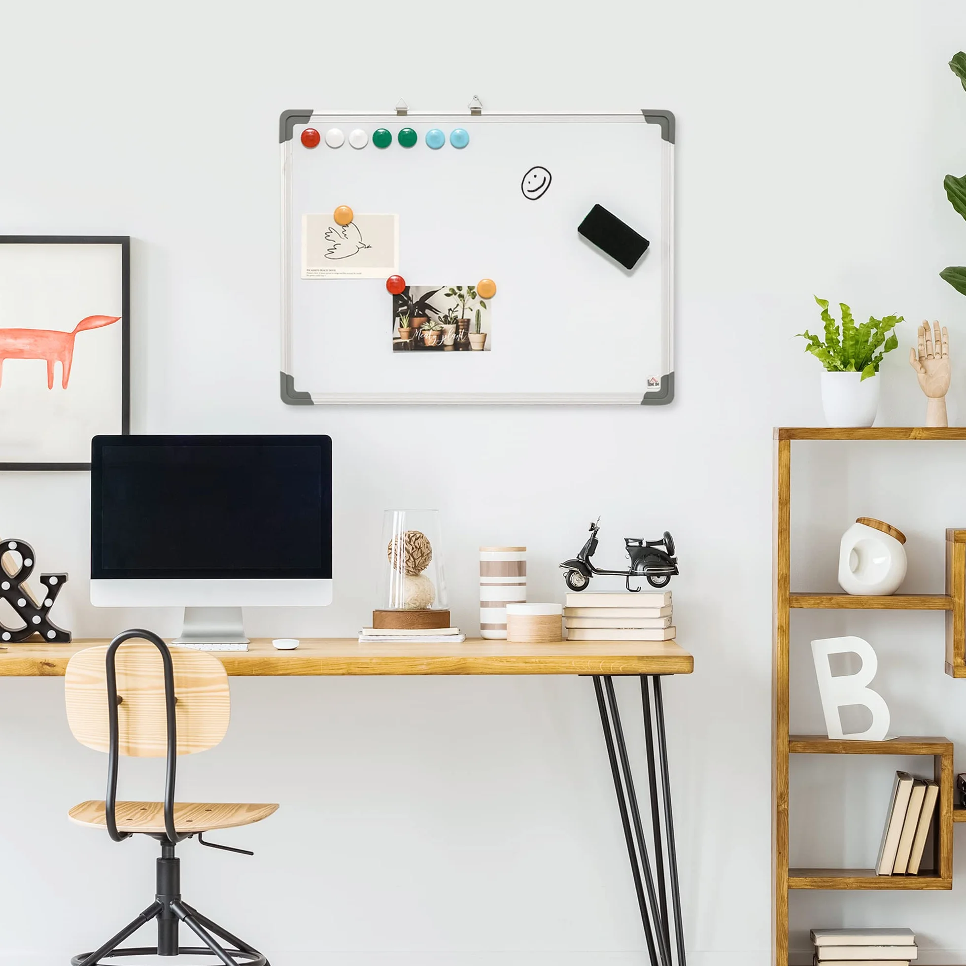 HOMCOM Pizarra Blanca Magnética con Bastidor de Aleación de Aluminio 60x45 cm Pizarra de Borrado en Seco con Borrador 4 Rotuladores y 10 Imanes para Oficina Hogar