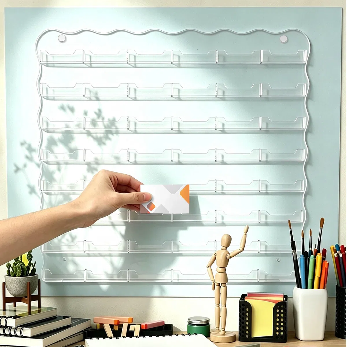Expositor de pared de acrílico con 1 bolsillos (48 piezas) para tarjetas de visita, colgante de 9 x 6,5 cm, expositor de almacenamiento preperforado para comercialización en casa en la