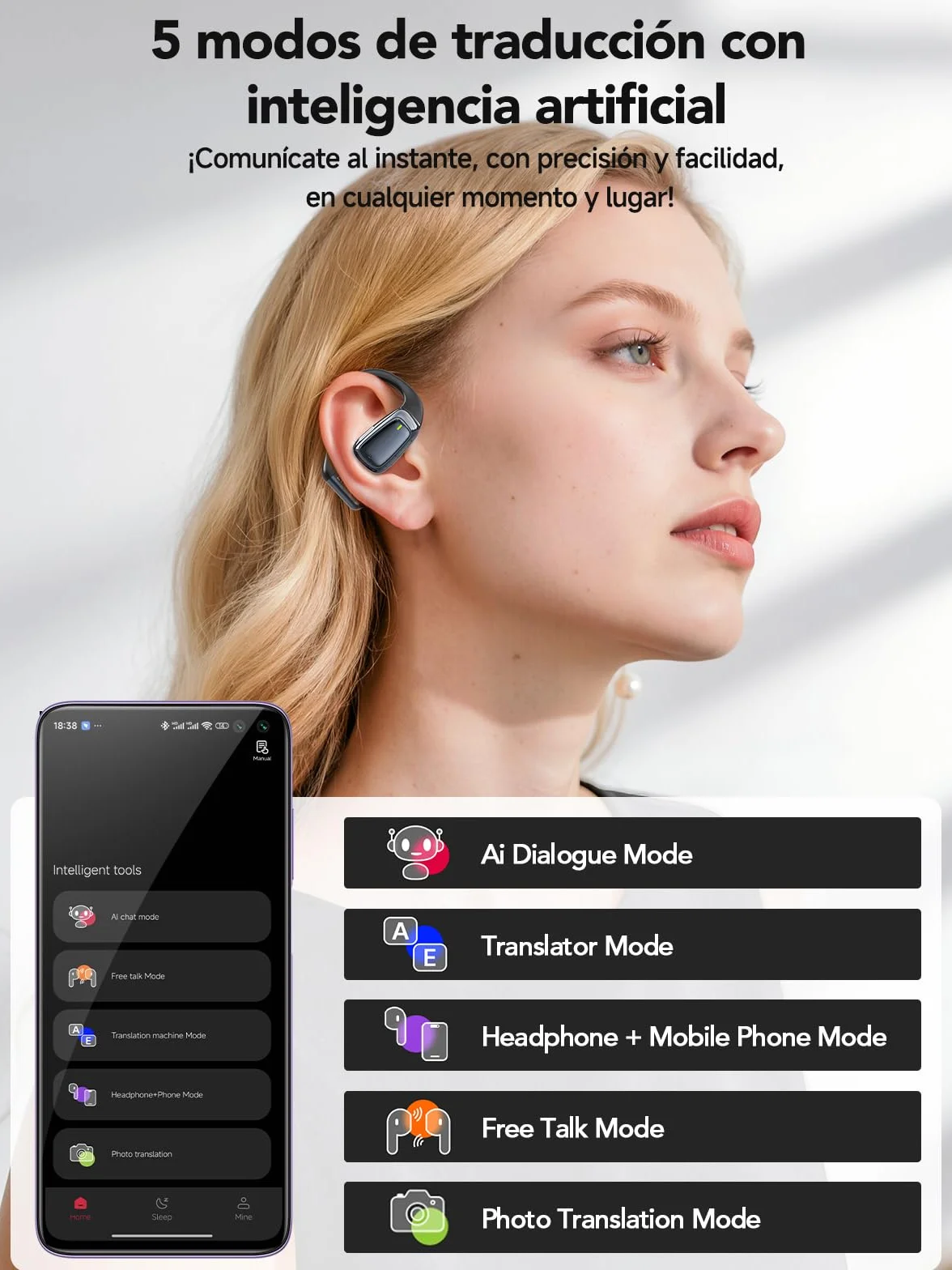 [2026 Nuev] NE25 AI Auriculares Traductor en Tiempo Real con Pantalla LCD, 134 Idiomas y 8 Modos de Traducción, 3 in 1 AI Auriculares Traductor, Bluetooth 5.4 con ENC y App con para Viajes/Negocios