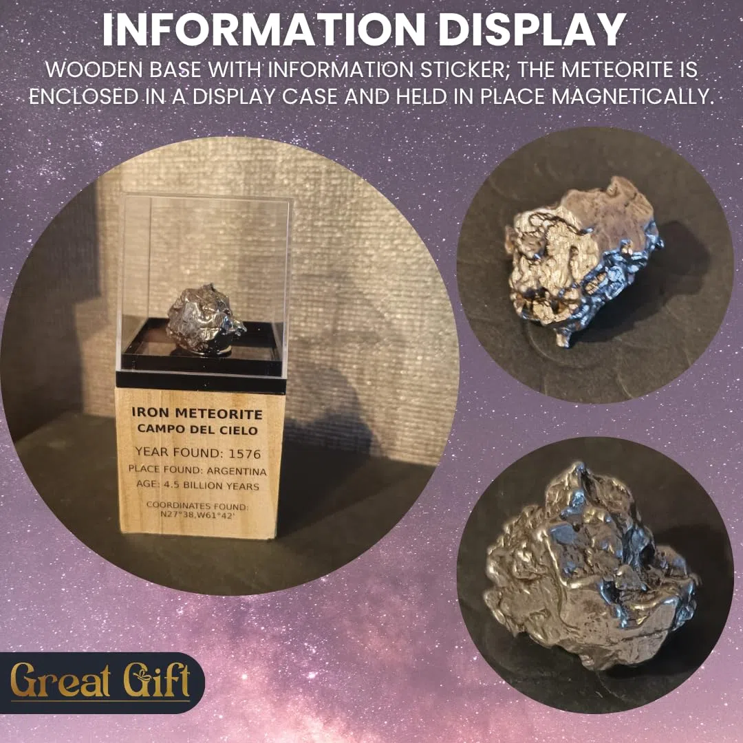 Meteorito Campo del Cielo – Meteorito de Hierro en Pantalla de Madera – Encontrado en 1576 – 4,5 mil millones de años – Regalo para coleccionistas & Aficionados al espacio