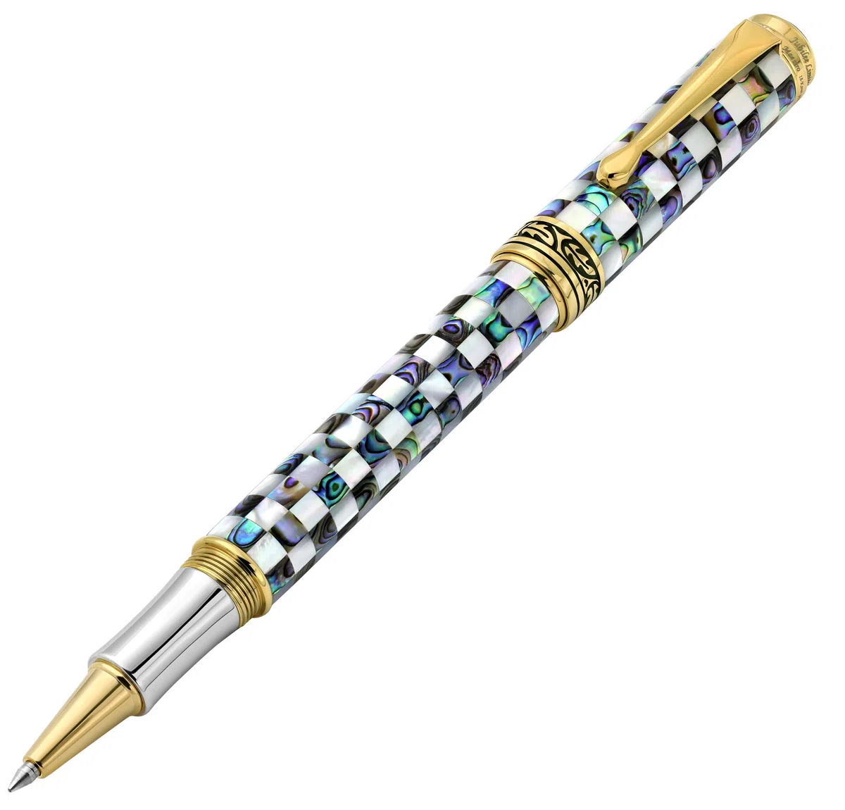Xezo Bolígrafo Maestro Jubilee, punta fina. Nácar blanco oceánico y concha de abulón pāua iridiscente. Chapado en oro de 18 quilates. Solo 223 Piezas Realizadas. No hay dos bolígrafos iguales