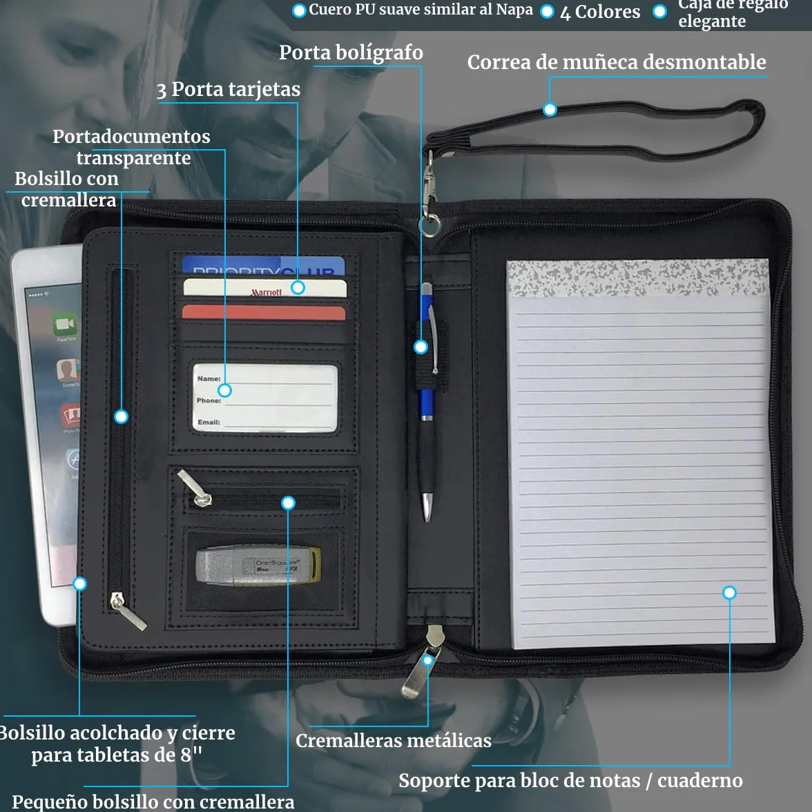 Portafolio de Negocios con Cremallera – Organizador de Cuero PU Premium, Pequeño Bloc de Notas & Funda para Tableta de 8 Pulgadas – Carpeta para Trabajo, Reuniones & Viajes – Negro