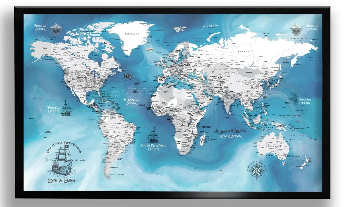 Canvas Art Bay Mapa del mundo de pirata - Lienzo de mapa del mundo personalizado - Mapa de viaje detallado con pines - Impresión de mapa del mundo grande - Tablero de pines de mapa del mundo - Regalo