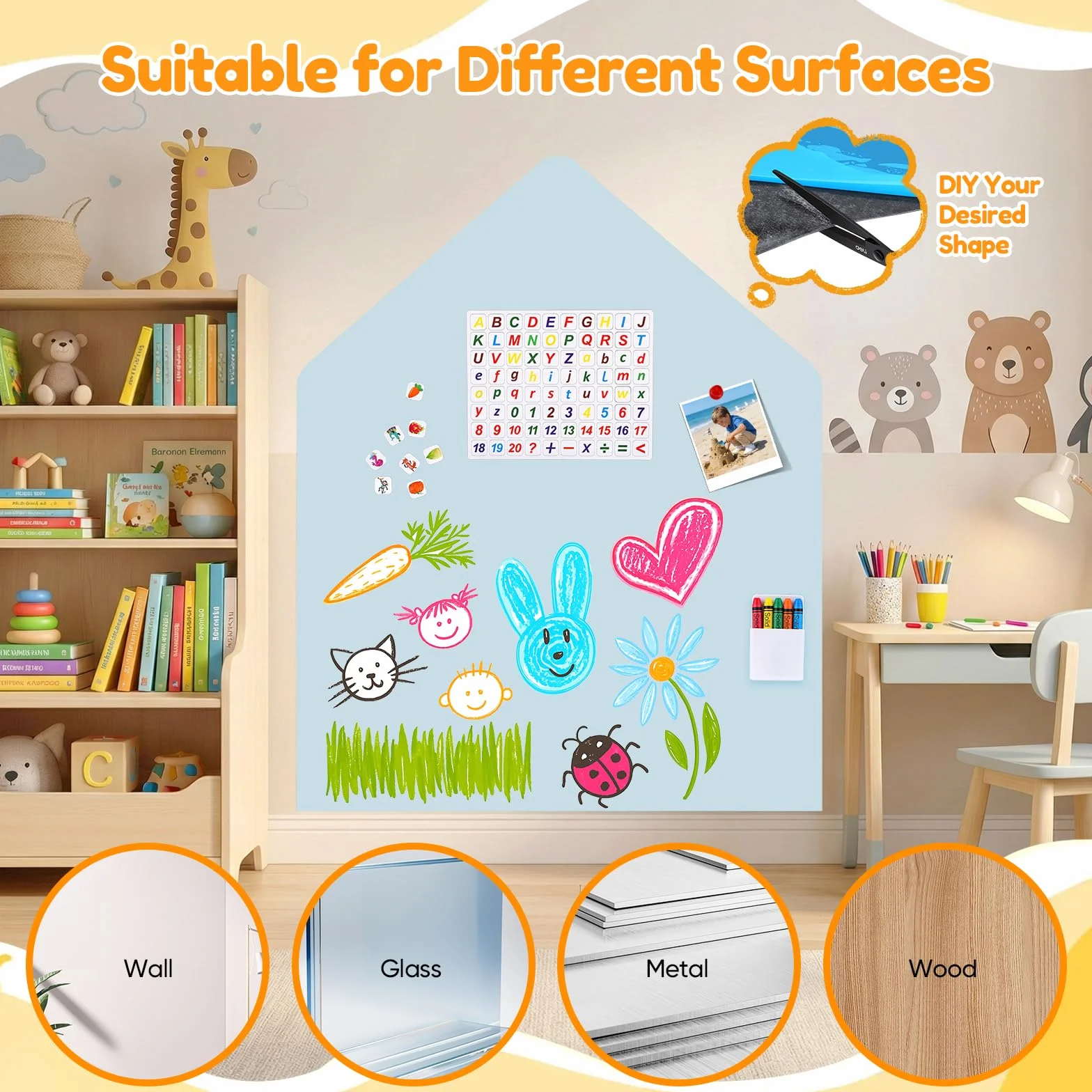 Pizarra magnética infantil autoadhesiva, pizarra de pared en forma de arco con colores pastel y tizas, pared magnética para niñas y niños (azul + letras)