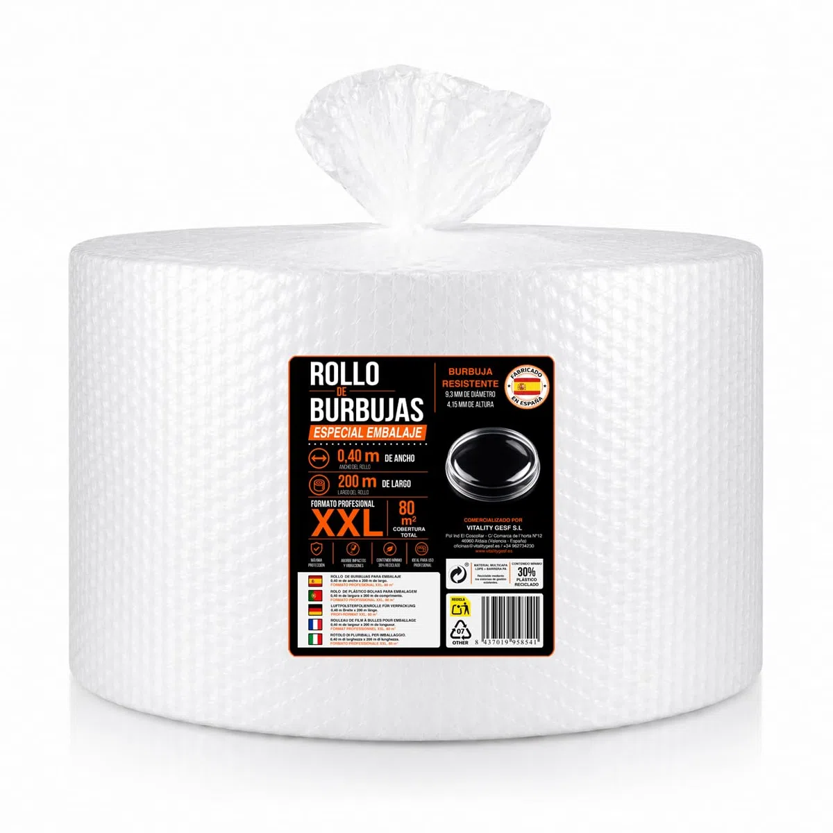 Plástico de Burbujas Rollo Grande 0,40m x 200 m (80 m²) | Papel Burbuja Embalaje Profesional para Mudanzas, Envíos, Ecommerce y Objetos Frágiles | Rollo Burbujas XXL Resistente peso: 2,5 kg
