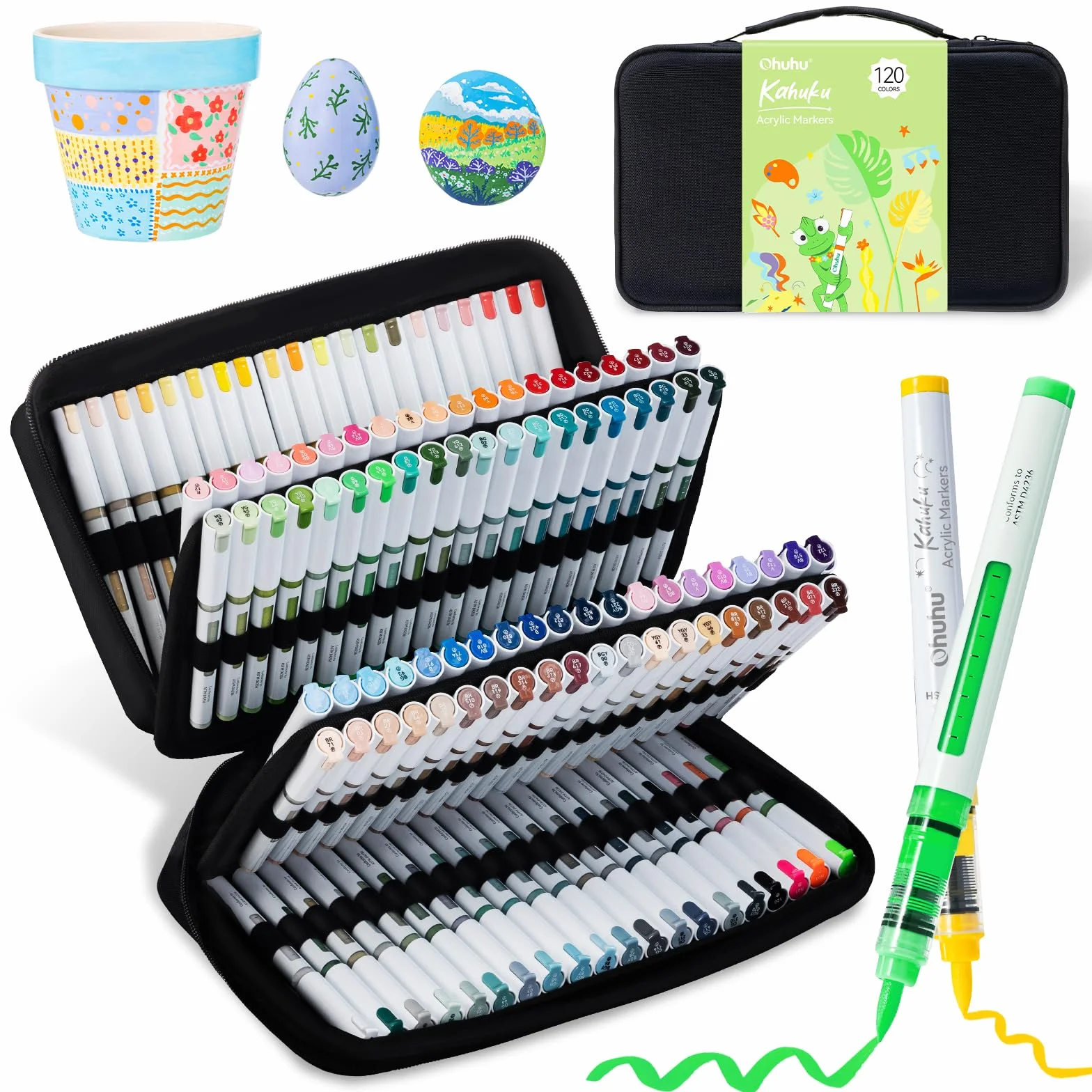 Ohuhu Rotuladores Acrílicos Punta Pincel: 120 colores, control automático de tinta, alta opacidad, impermeables y resistentes a la luz para piedras, huevos de Pascua, madera, manualidades DIY - Kahuku
