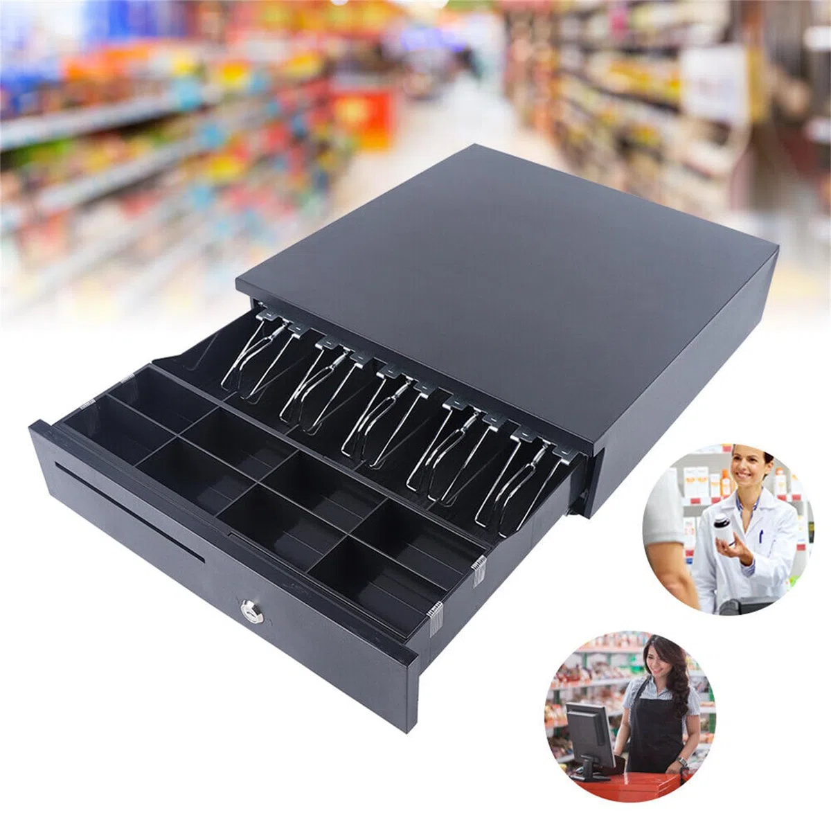 Cajón de efectivo profesional, color negro, apertura manual, compartimento para billetes, con 5 compartimentos para billetes, 8 compartimentos para monedas, 41 x 41 cm