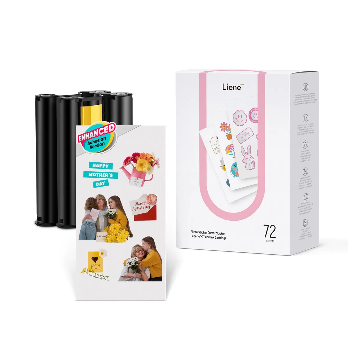 Liene Papel Pegatina & Cartucho (Adhesión Mejorada) – 2 Recargas de tinta + 72 Hojas 10x18 cm, Sublimación Térmica Impermeable, Compatible con Liene PixCut S1