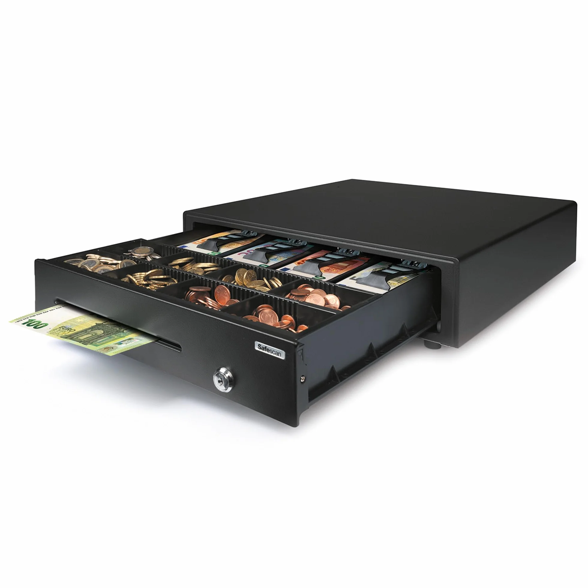 Safescan LD-4141 Cajón portamonedas uso ocasional para el efectivo - Caja registradora con 4 apartados para billetes y 8 para monedas - Caja dinero conexión RJ-12 - Cajón portamonedas 41x41,5x11,5 cm