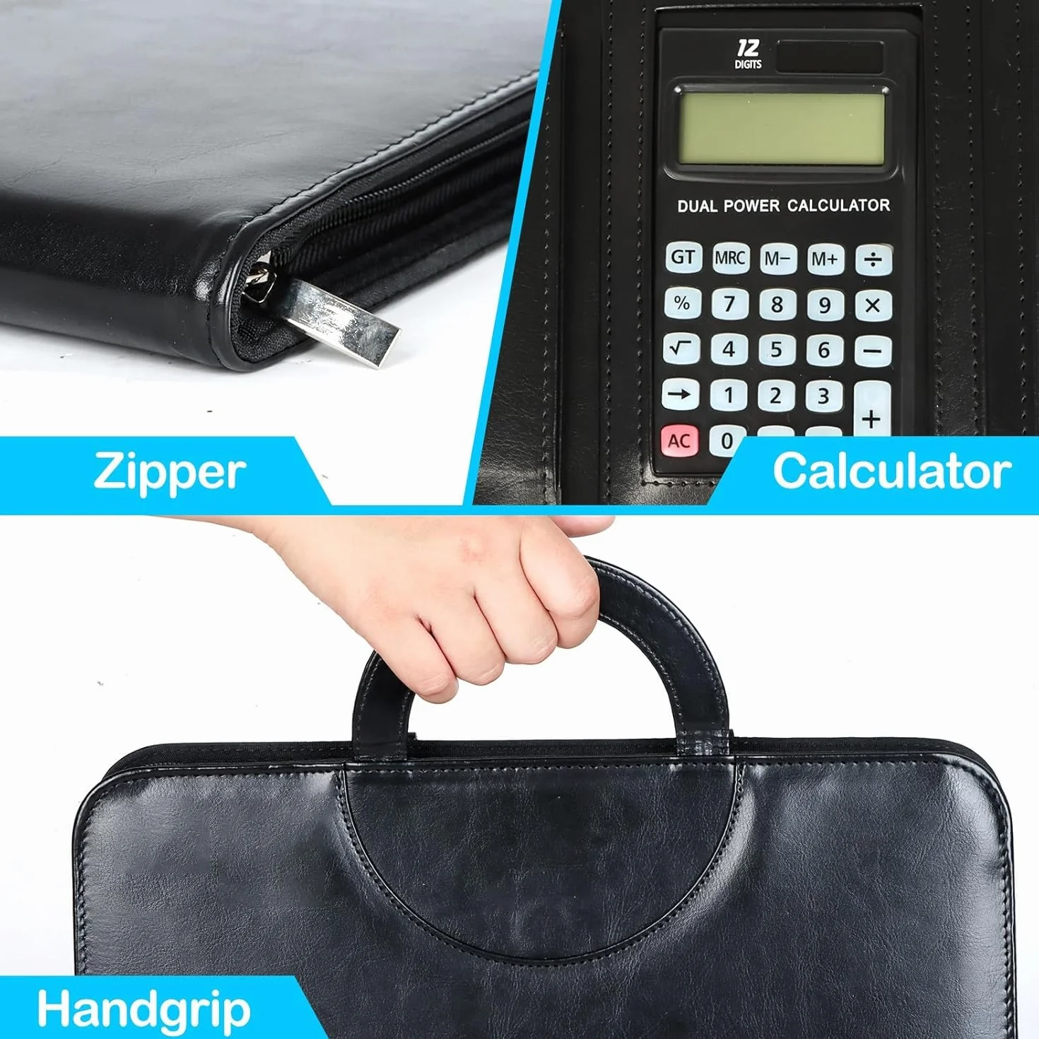 Cinnani Porta Documentos Grande con Calculadora, Portadocumentos A4 Carpeta Profesional, Asas Magnéticas Plegables, Portafolio Carteras de Viaje Cuero para Tarjetas/Plumas/Tableta y Smartphone, Negro