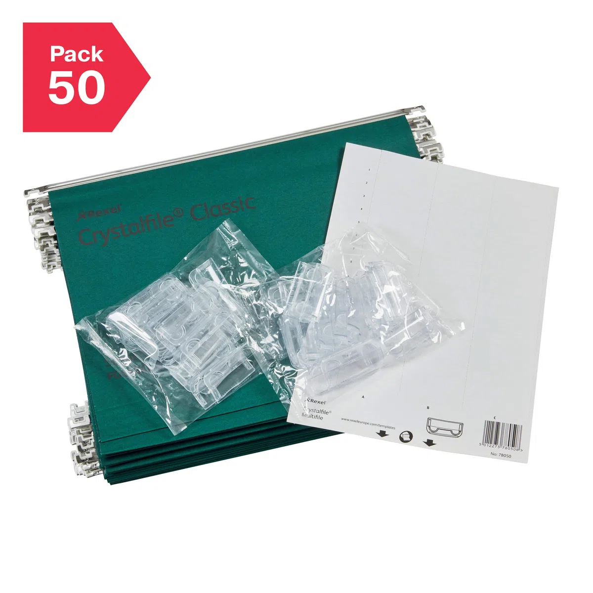 Rexel Crystalfile Classic - Carpeta colgante (cartón, base 30 mm), 50 unidades, color verde