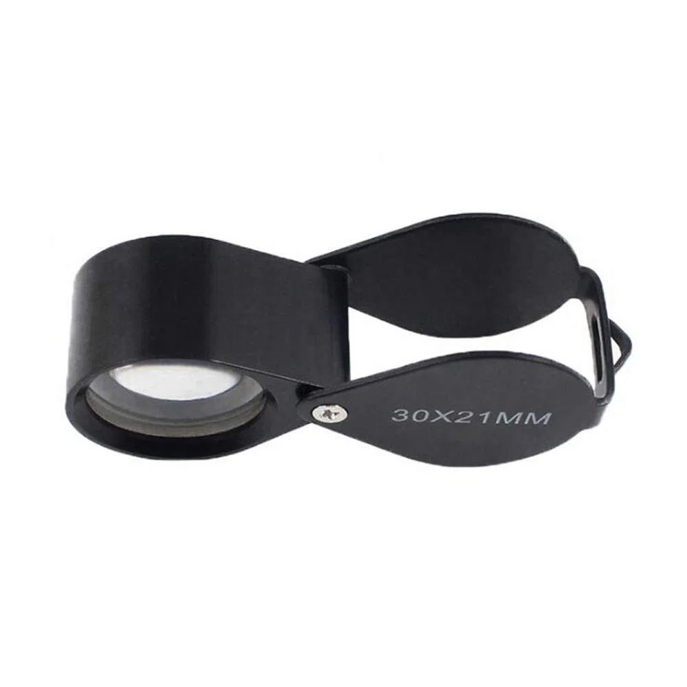 iKKEGOL Lupa de bolsillo para joyas, 30 x 21 mm, plegable, lupa de cristal, cuerpo de metal, color negro con caja