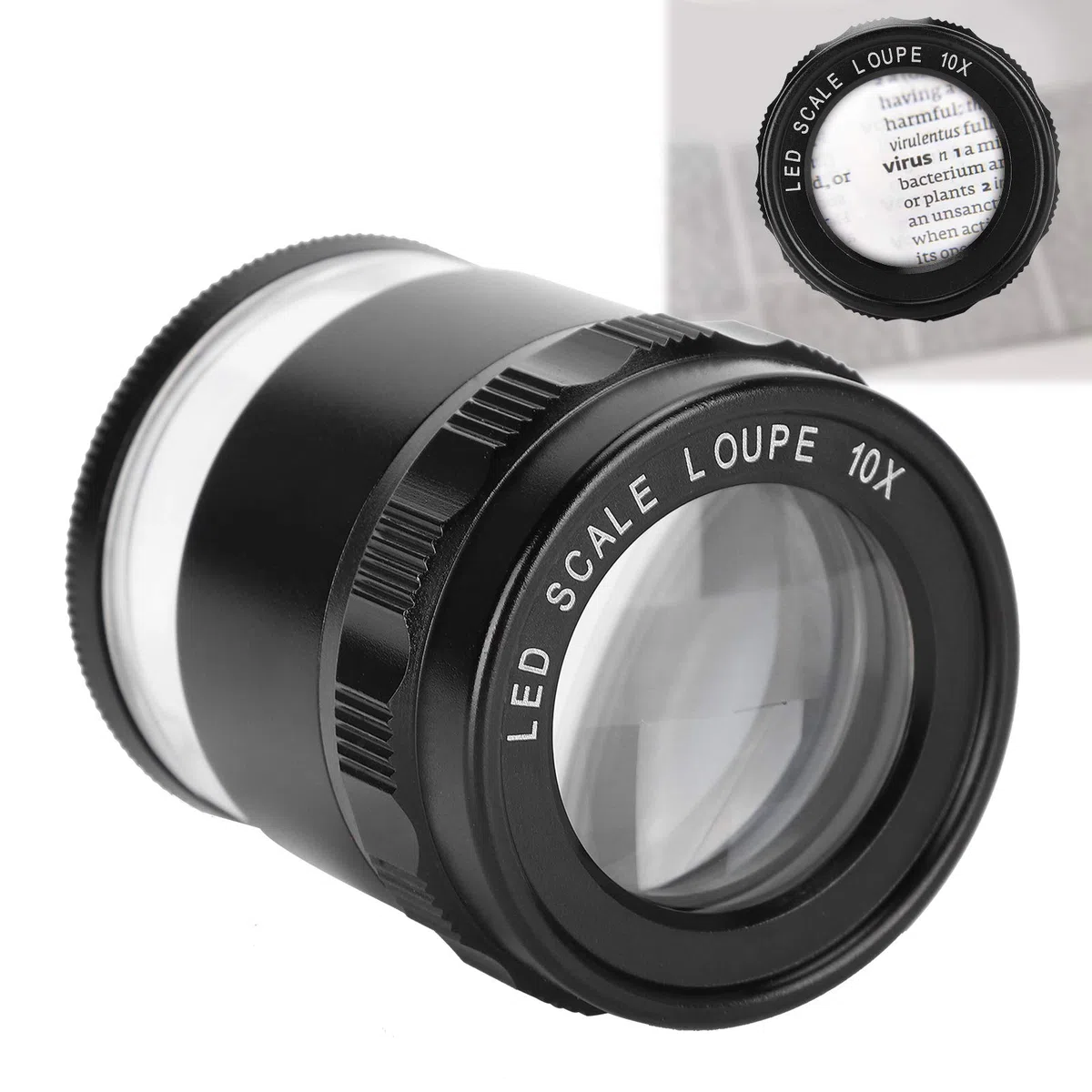 Hidyliu Lupa Lupa 10X con Escala Ajustable y Luz 8LED para Aficionados y Profesionales, Metal Vidrio Óptico, 1 Unidad