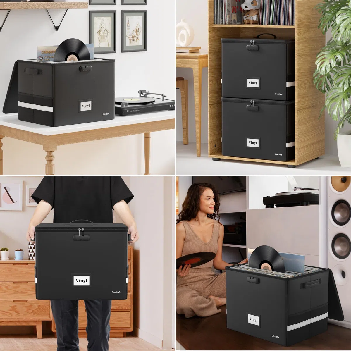 DocSafe Caja de almacenamiento de discos de vinilo ignífuga con cerradura, organizador de discos grande para más de 150 discos individuales, caja de almacenamiento plegable con tapa y asas para una