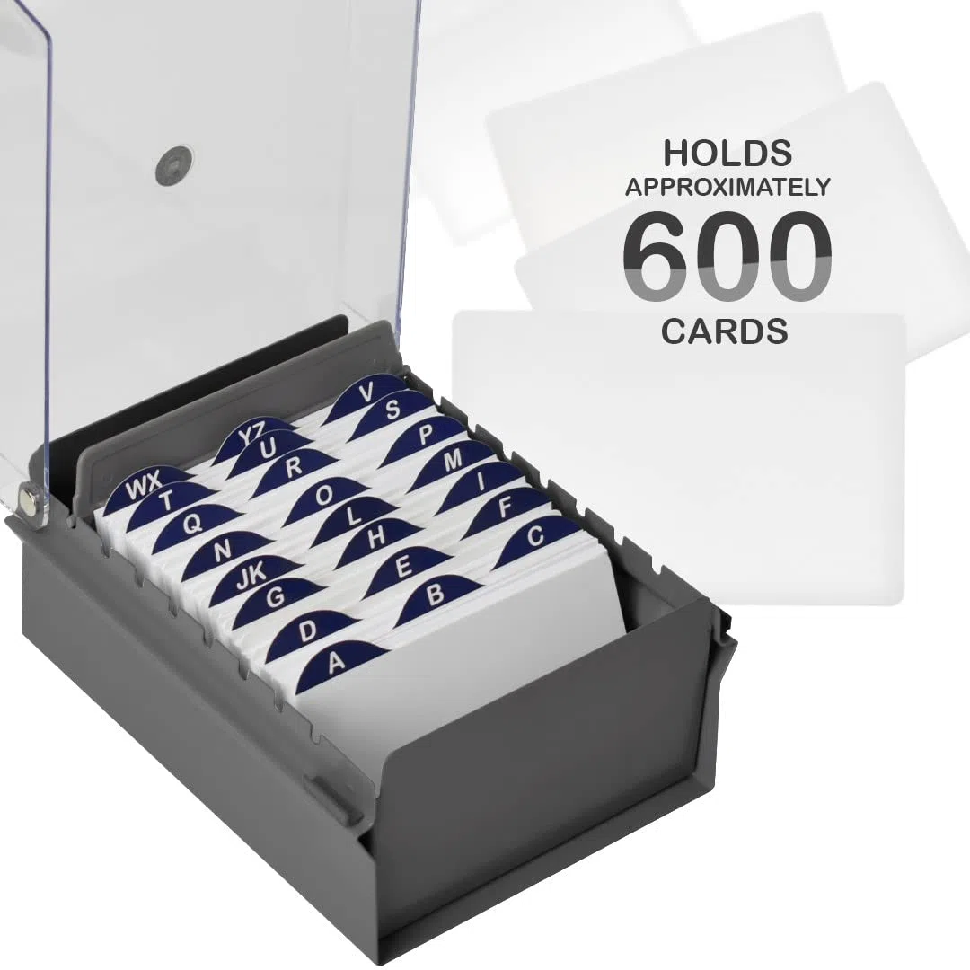 Acrimet Porta Tarjeta 3"x 5", Organizador de Fichas, Base de Metal Resistente (Incluye Índice AZ y un Divisor de Plastico) (Base Gris y Tapa de Plástico Transparente)