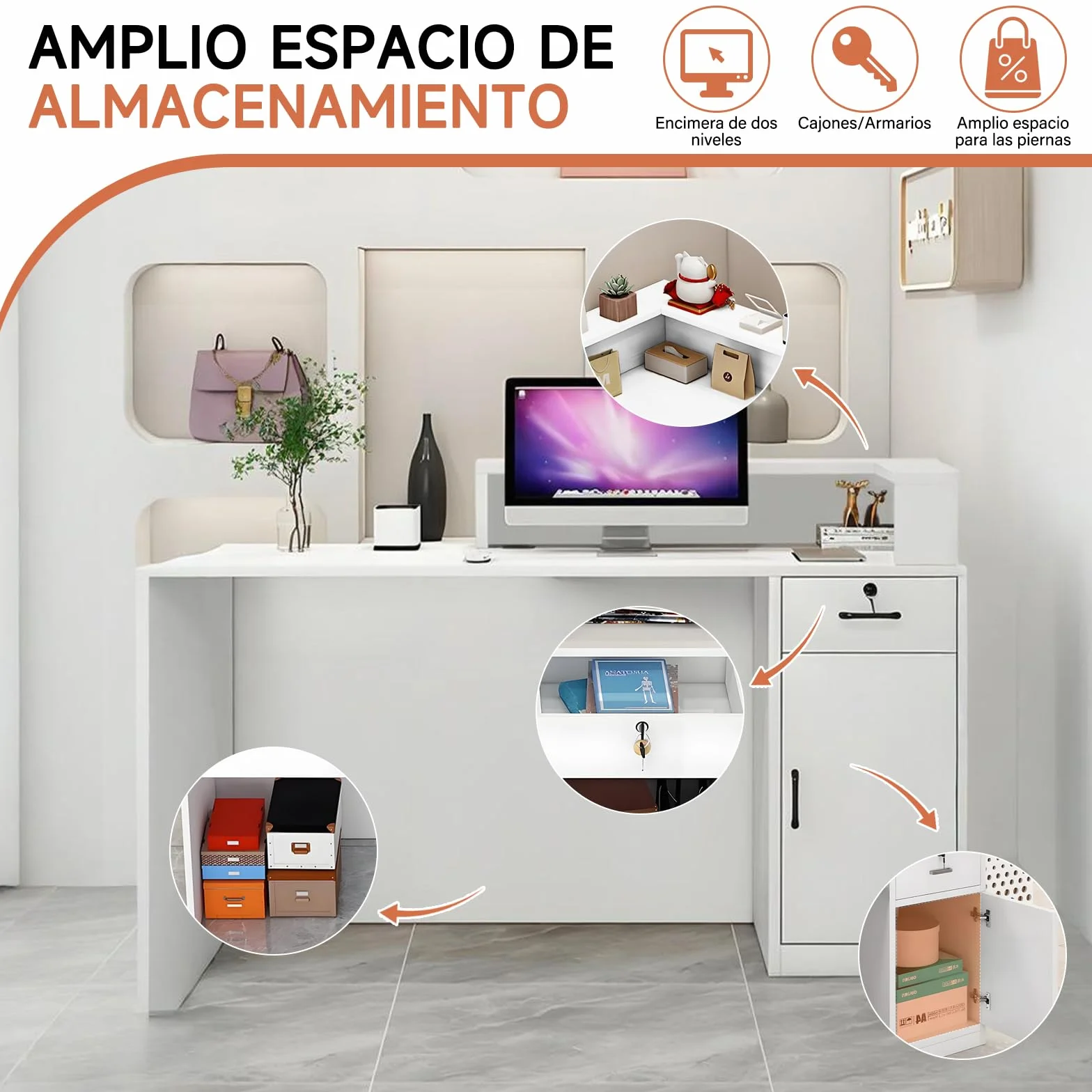 Mostrador de Recepción Moderno de MDF 100-240 cm con Cajón y Estantes Abiertos Mueble de Oficina