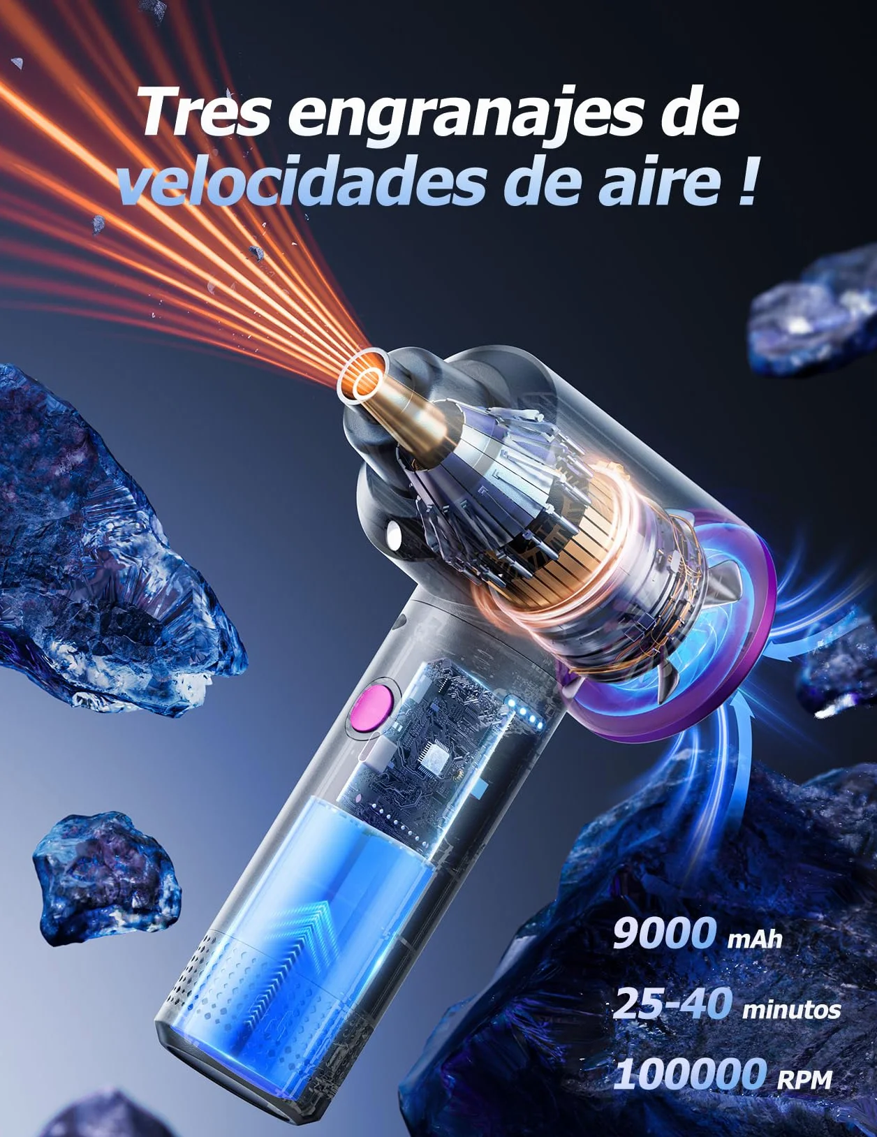 Soplador de Polvo de Eléctrico Aire Comprimido Eléctrico - 100000 RPM Limpieza de PC por Pulverización de Aire Comprimido con Batería de 9000mAh, Limpieza de Teclado de Aspiradora de 3 Velocidades