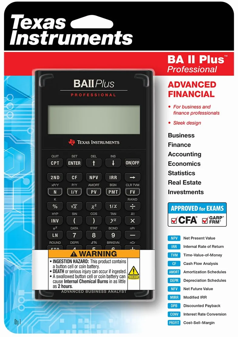 Texas Instruments TI BA II Plus Professional - Calculadora (batería, CR2032, Litio) , Gris [Importado]