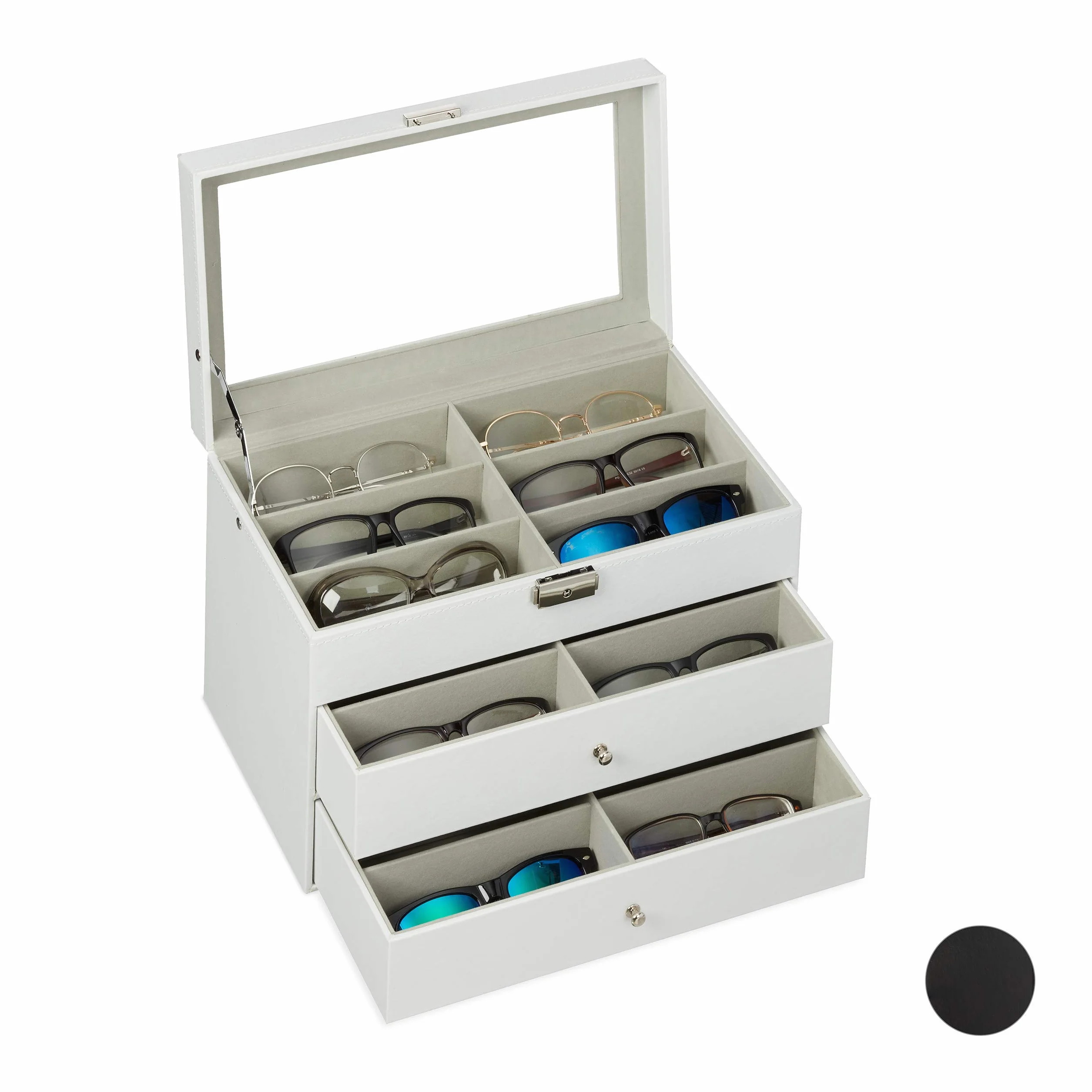 Relaxdays Caja Gafas con 18 Compartimentos, Organizador, 1 Ud., Cuero Sintético-Cristal, 22,5 x 33,5 x 19 cm, Blanco