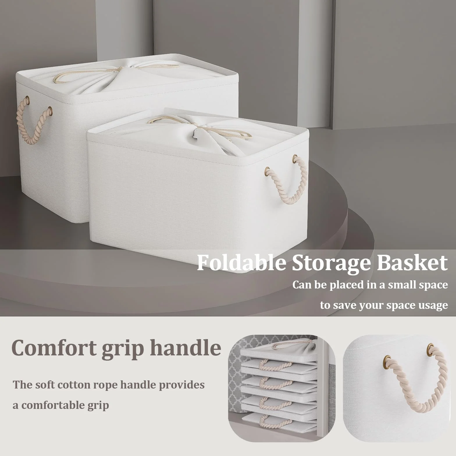 OUTBROS Juego de 3 Caja de Almacenaje plegable, 38 x 28 x 26 cm Cesta de Almacenamiento grande de tela con asas de transporte y cubierta de cordón para toallas, ropa, Blanco puro
