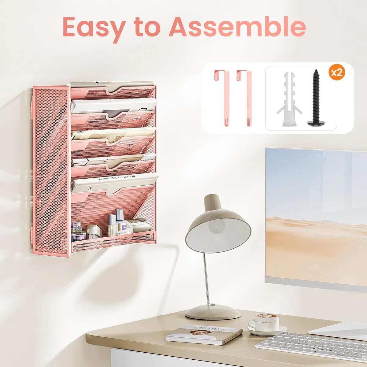 VITVITI Organizador de Pared para Documentos A4, 6 Compartimentos, Revistero de Metal en Malla, Soporte de Revistas y Archivador Vertical para Oficina, Correo y Papelería, Rosa