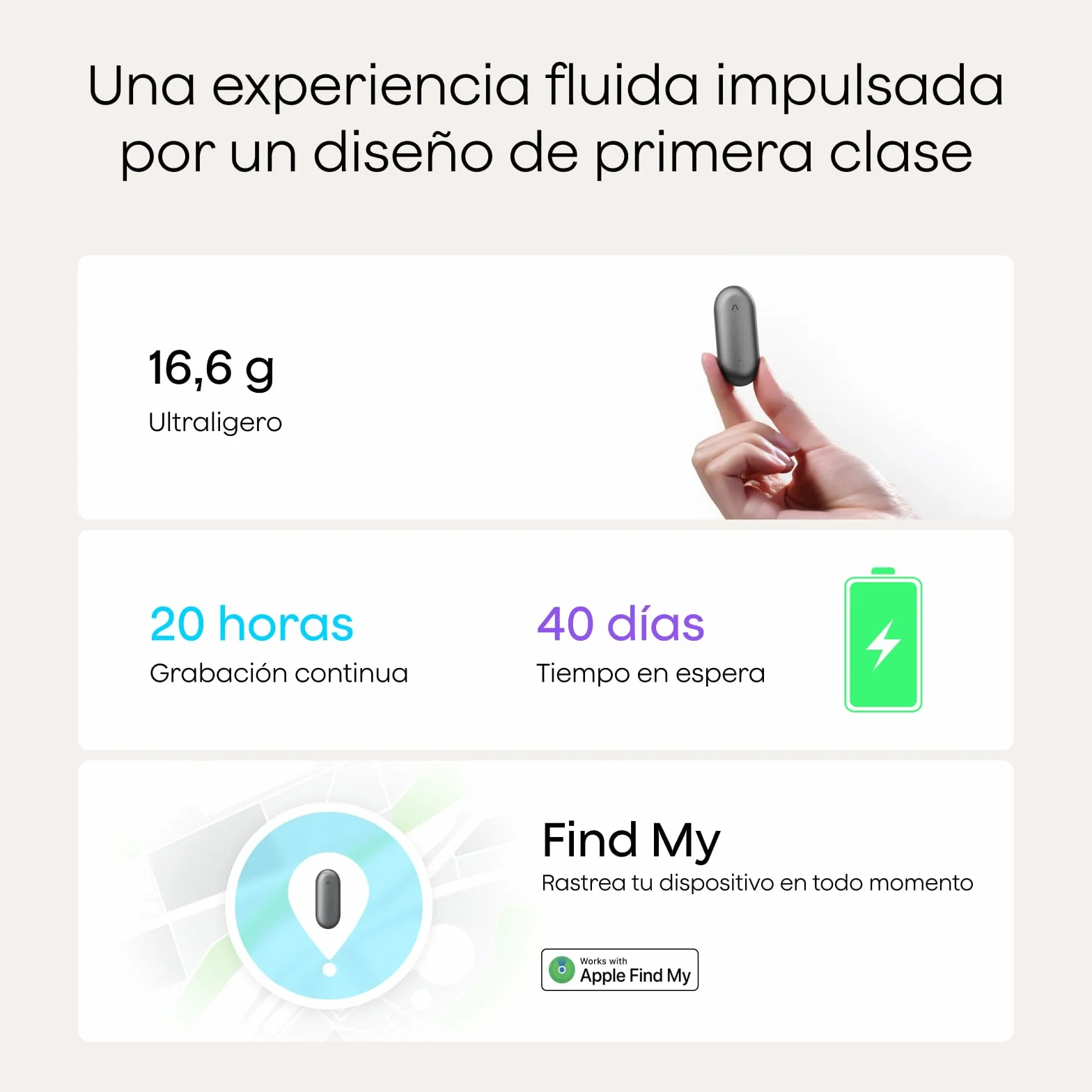 Plaud NotePin Grabadora de Voz con IA, 64 GB, 112 Idiomas, Gris Cósmico