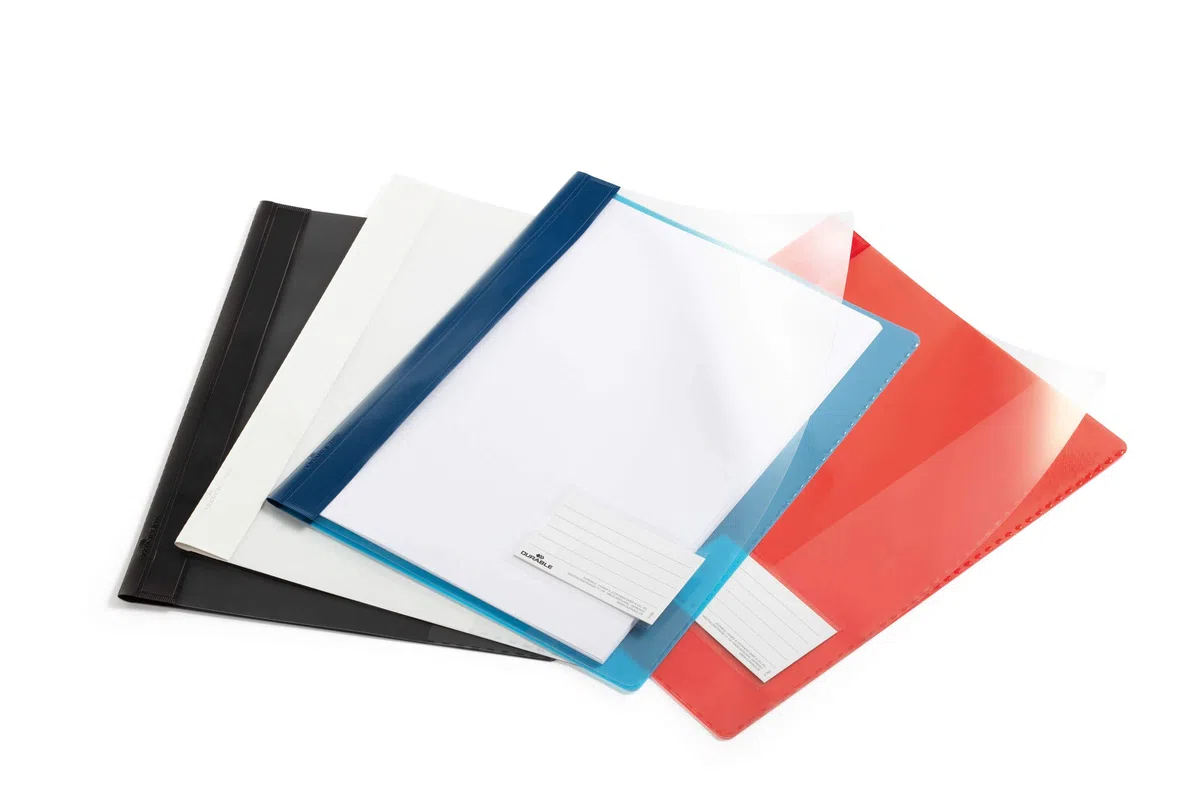 Durable 269004 Carpeta de exhibición para A4,ancha, amarilla, paquete de 25 | Grapadora con ventana, bolsillo interior para documentos sin perforar, mecanismo de grapado, polipropileno