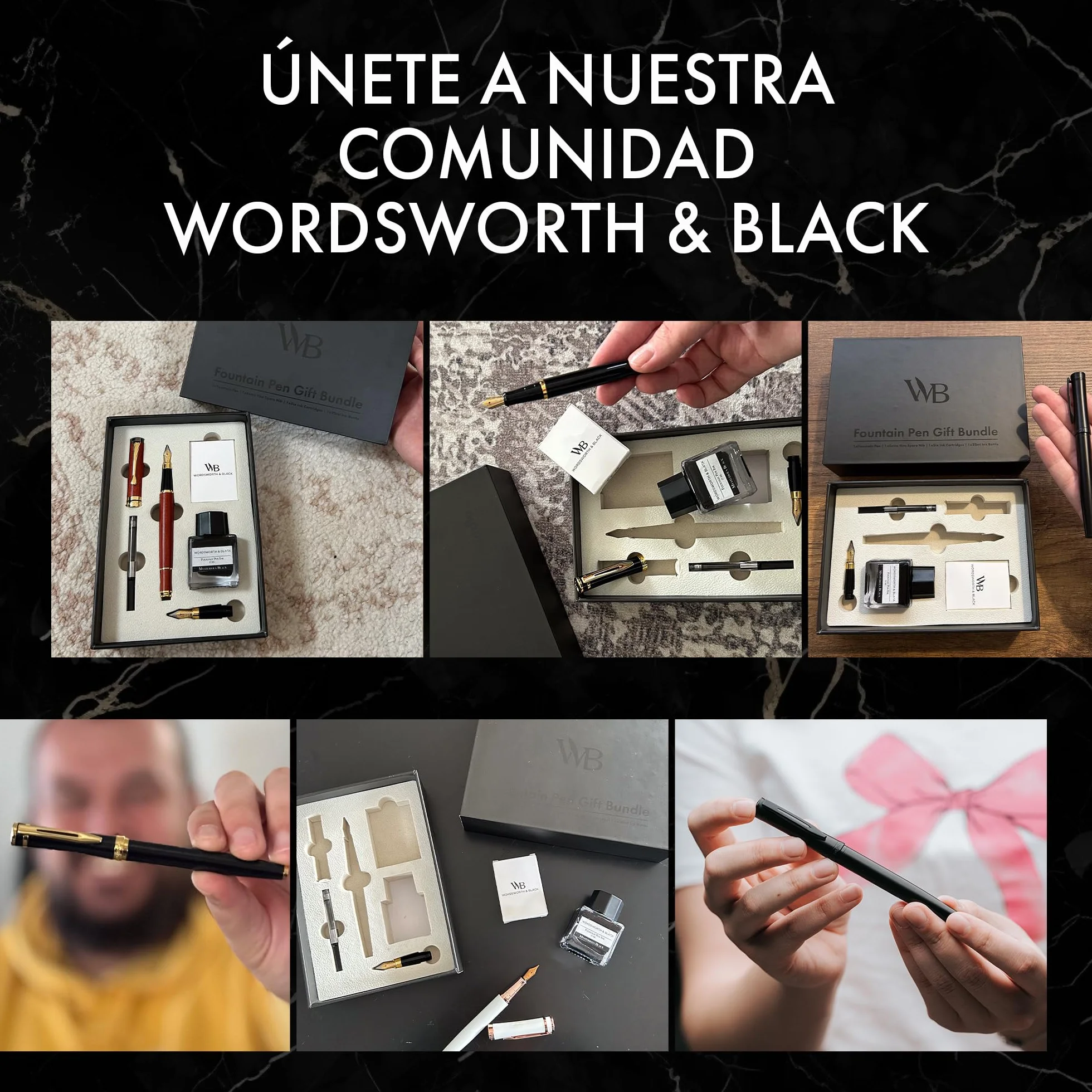 Wordsworth & Black Juego de pluma estilográfica, plumines medio y extrafino chapados en oro de 18K,botella negra de 25ML,6 cartuchos de tinta,convertidor de recarga,escritura suave [Negro y Oro Rosa]