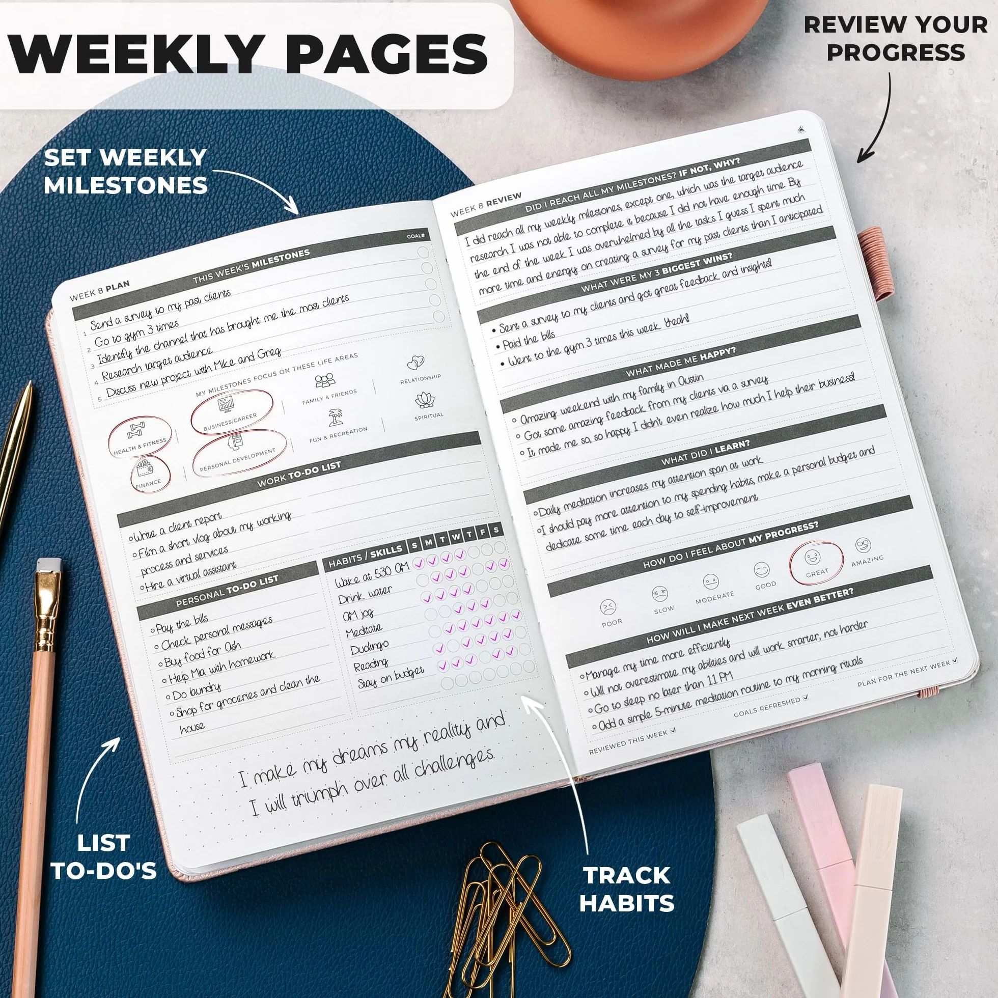 Clever Fox Ultimate Achiever's Goal Planner - Agenda de 90 días de enfoque y productividad. Organizador diario semanal mensual y cuaderno de horario por hora, sin fecha, tapa dura, tamaño A5, oro rosa
