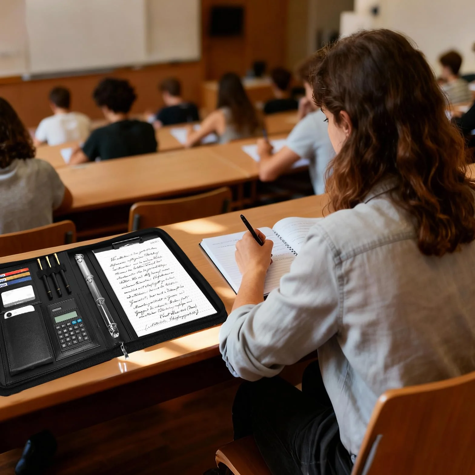 Leathario Carpeta Portadocumentos A4 en Piel Vegana, con Asa, Cuaderno, Portadocumentos con Bloc de Notas y Encuadernación de Anillas, Protectores de Hojas para Entrevistas, Viajes, Reuniones
