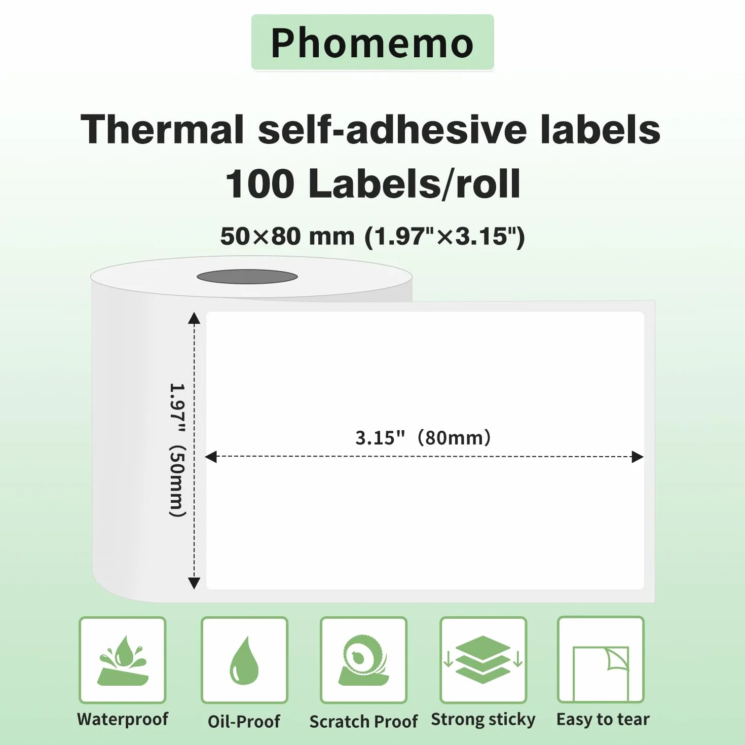 Phomemo 6 rollos M110 Etiquetas térmicas,1.97"x 3.15"(50x80mm),100 / rollo,Etiqueta Autoadhesiva adecuada para Phomemo M110 M120 M220 M221 M108 M102 M100 M150 M250 M260
