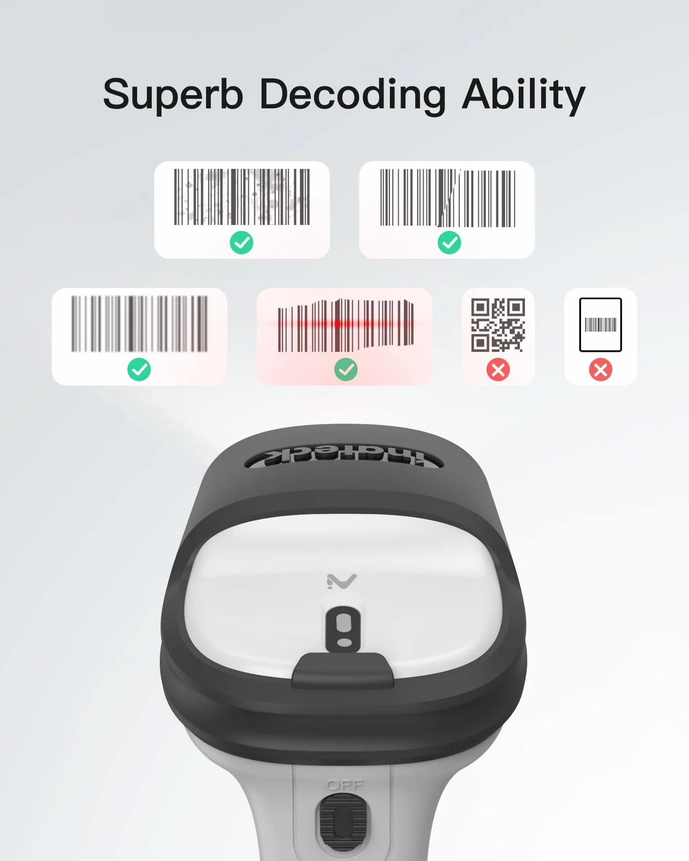 Inateck BCST-70 AI Escáner de Códigos de Barras Bluetooth 1D Inalámbrico Portátil con App y SDK, 180 días de Espera, Alcance 35 m