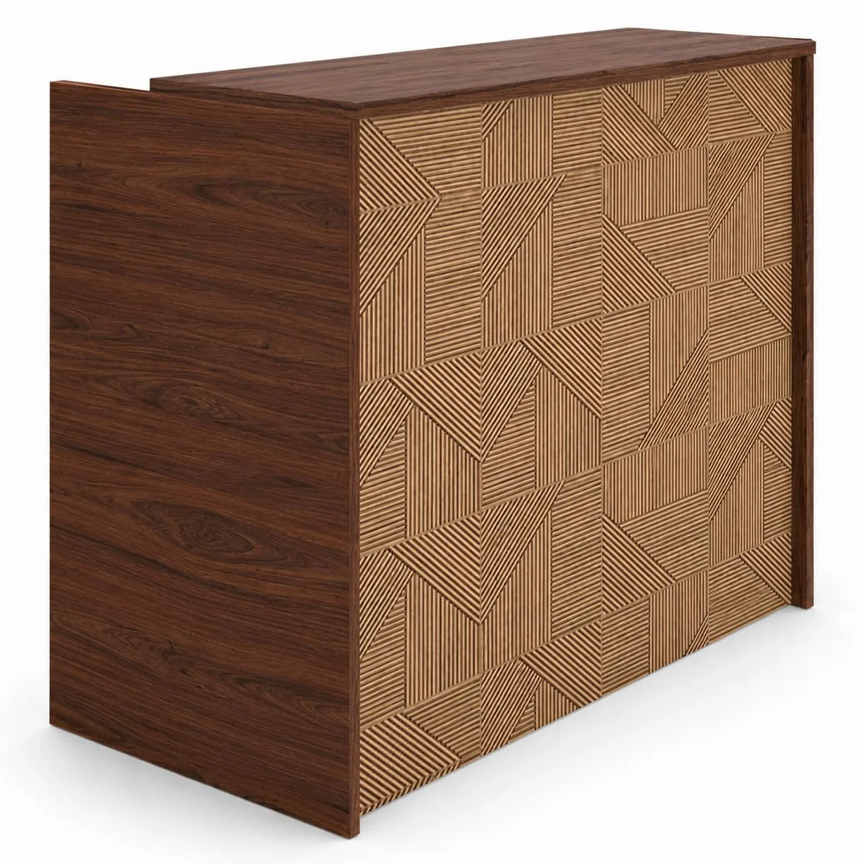 Mostrador de Recepción Compact Kubic. Mesa Mostrador de Oficina, Tienda, Clínica (120cm Ancho, Estructura Nogal)