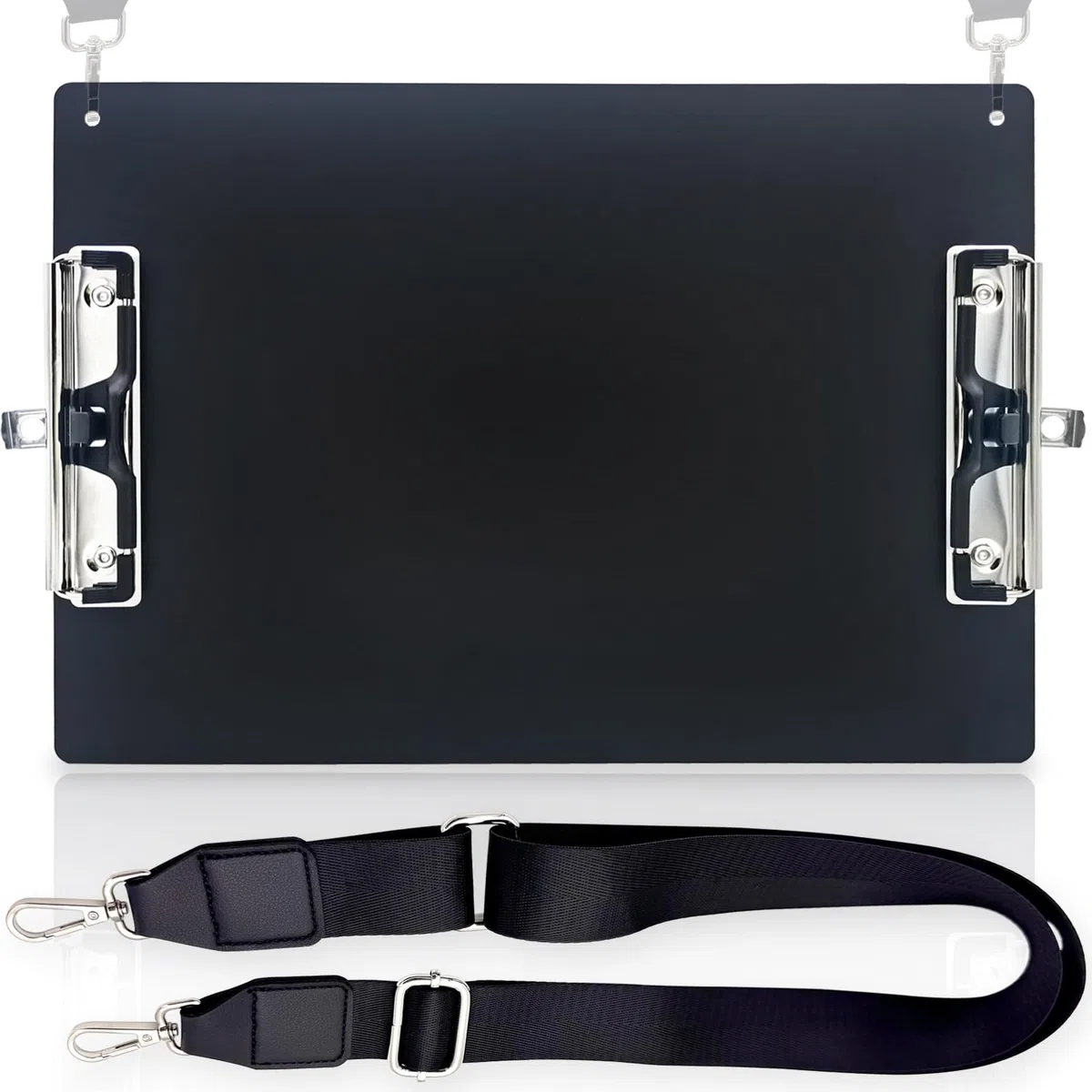 Portapapeles de metal de aluminio con correa de hombro ajustable desmontable A4, tablero de doble clip de acero inoxidable para colgar con soporte para bolígrafo, letra de 9 x 12.6 pulgadas, para