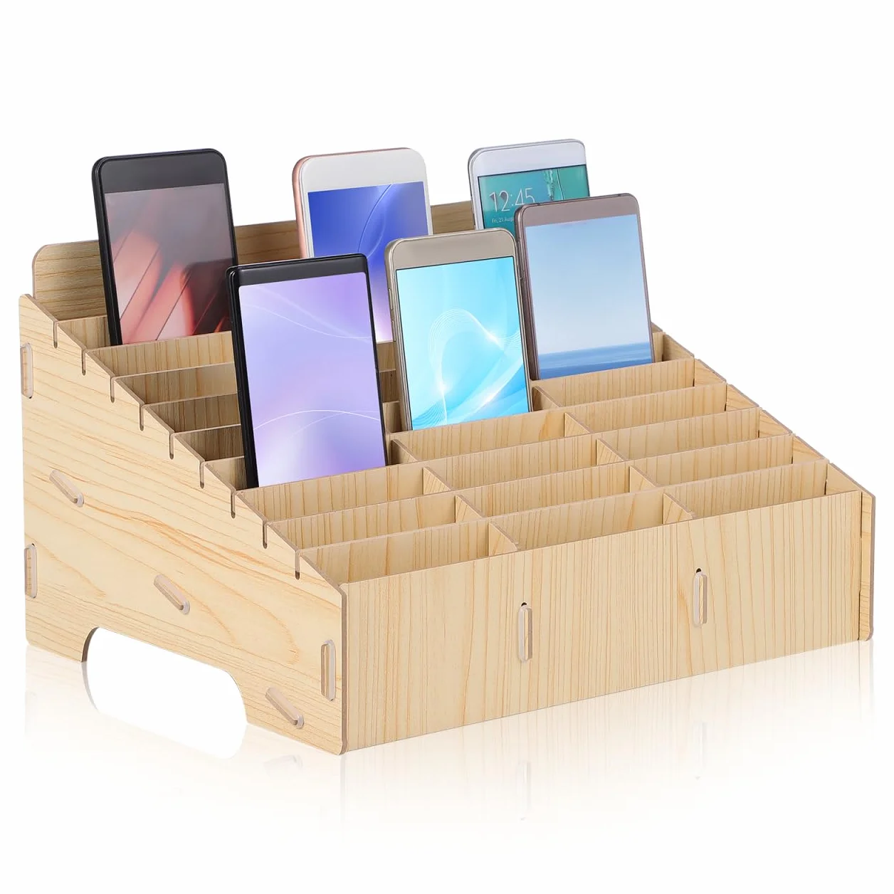 Caja de almacenamiento de madera para teléfono móvil, 30 compartimentos, organizador de mesa grande