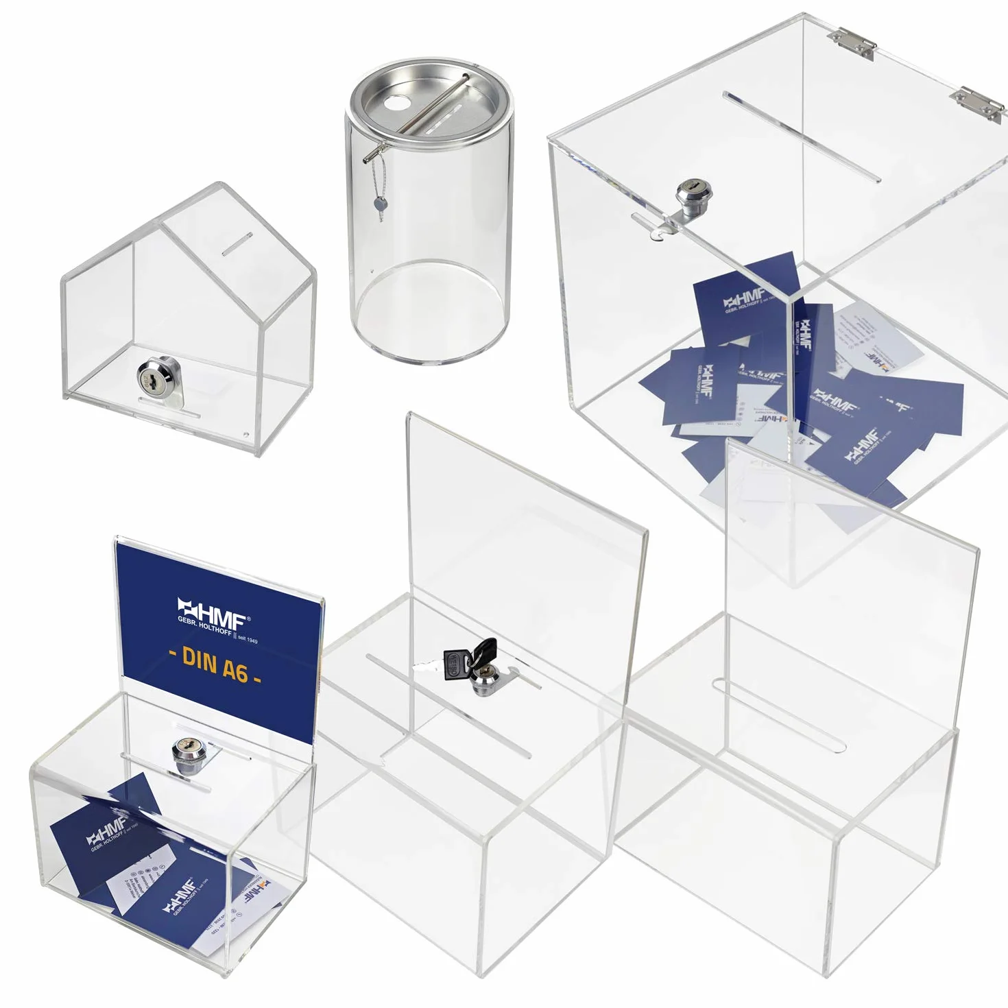 HMF 46919 Caja de donación de acrílico con cerradura | 15 x 15 x 15 cm | DIN A6 | Transparente