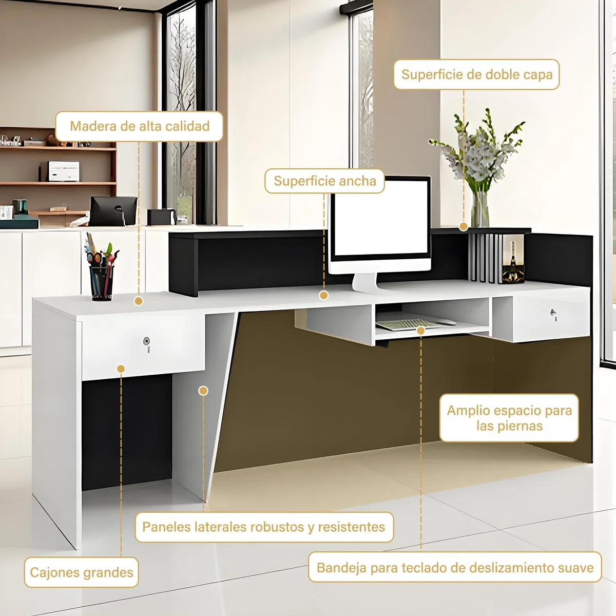Mostrador Recepción Moderno de 100 A 240 cm con Cajón y Estantes Abiertos Mueble para Oficina Salón de Belleza Tienda o Área de Entrada